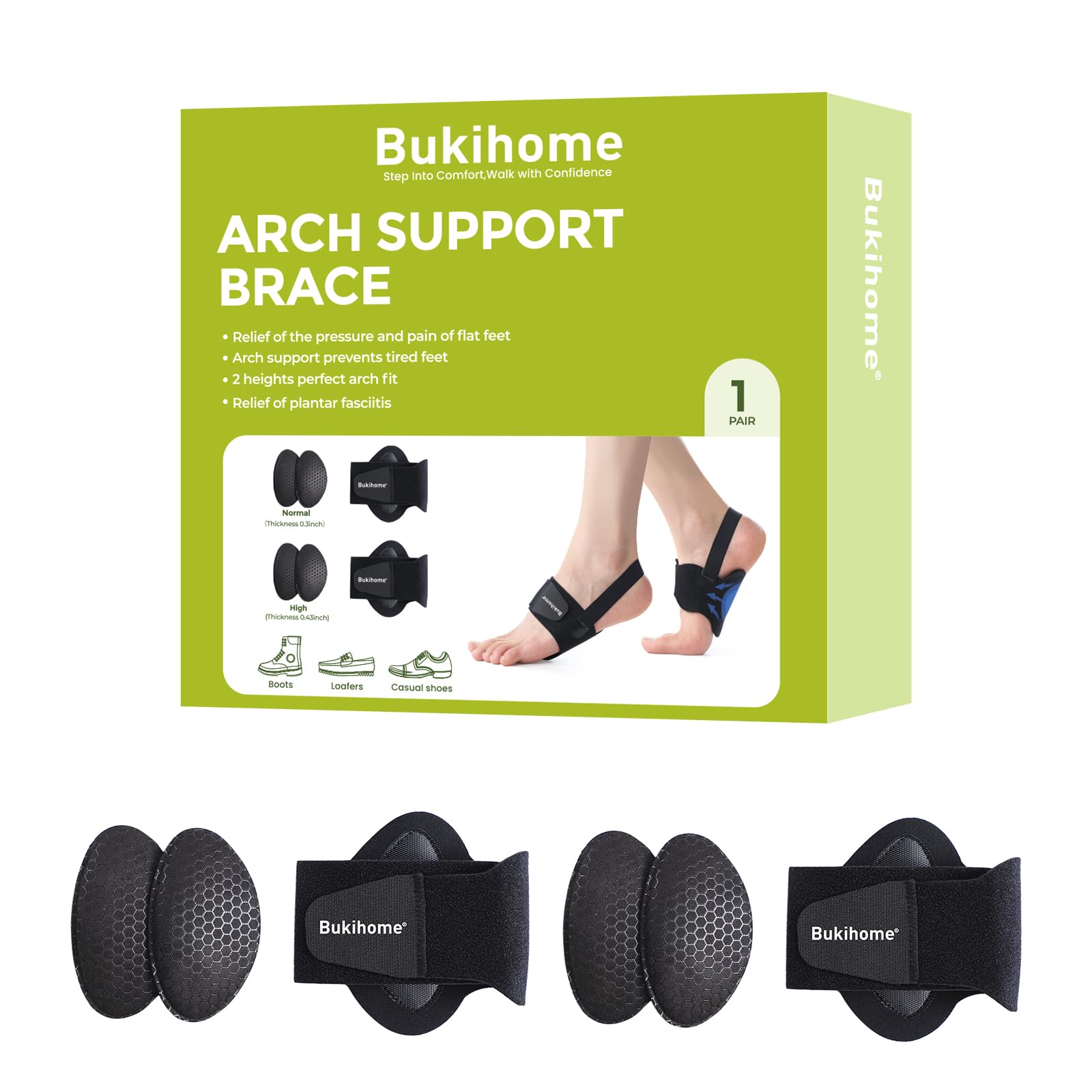 Bukihome Arch Support Braces for Plantar Fasciitis Relief Upgraded Adjustable Bands & Arch Pads Non-Slip Barefoot Arch Support Inserts for Women Men