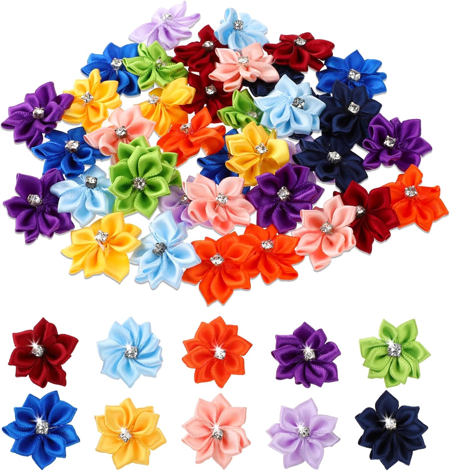 Amazon.com: 50 Mini Satin Ribbon Flowers - 1.2 Inch Rhinestones ...