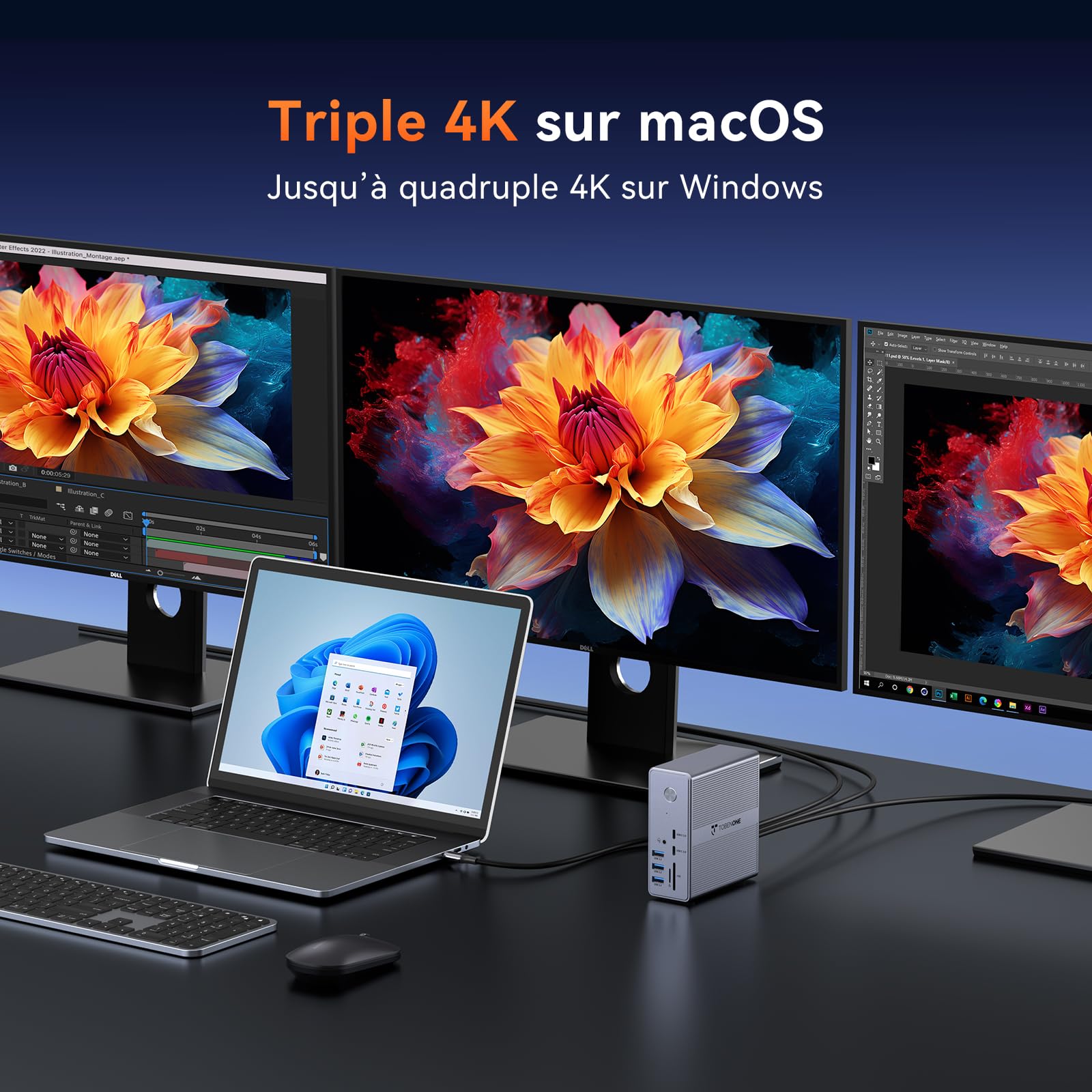 TobenONE Station d'accueil DisplayLink Triple Écran 4K et Alimentation 120W