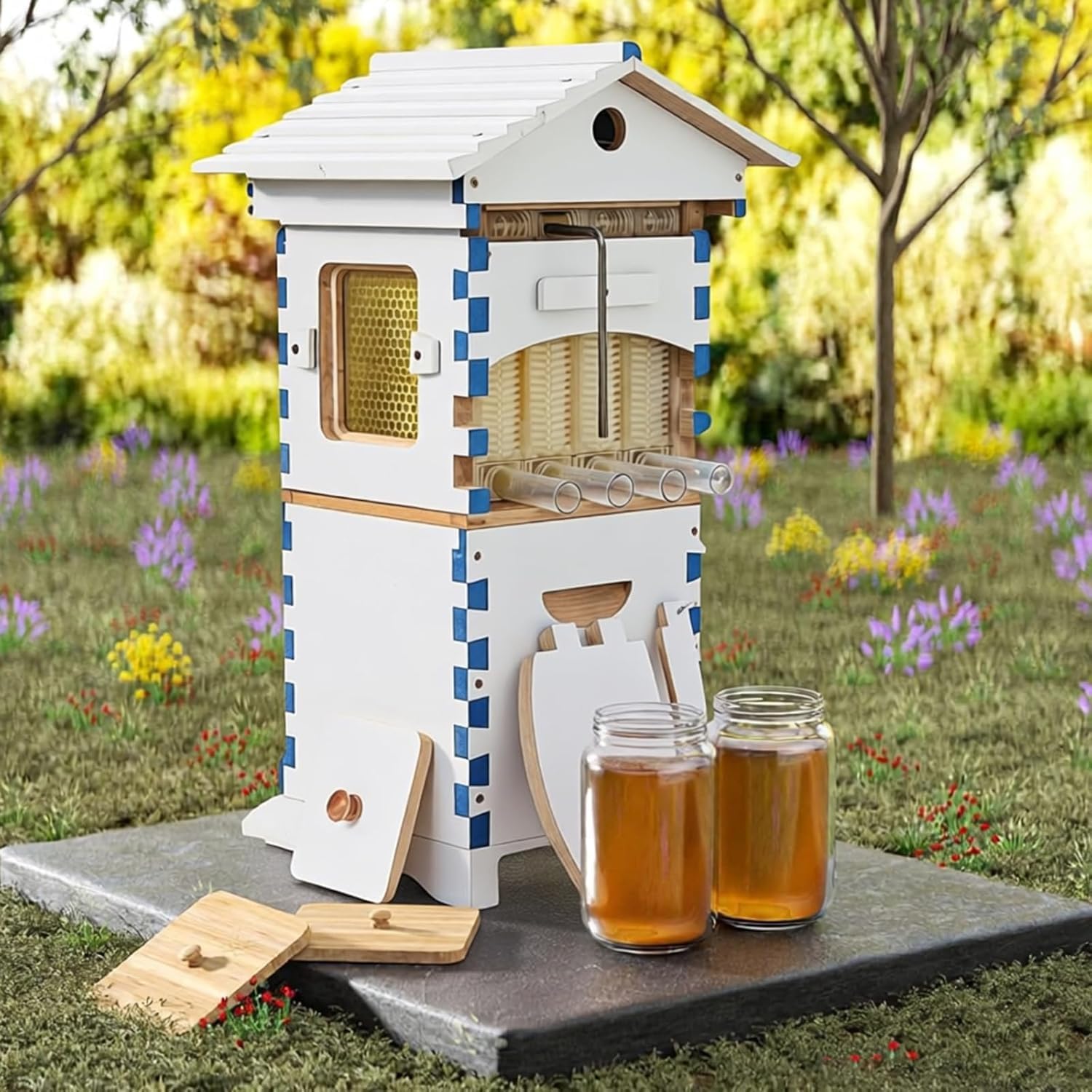 Clete Self-Flow Beehive Kit with Observation Window & Honey Spout - Easy Assembly Wooden Bee Box for Effortless Honey Extraction - Perfect for Beekeepers