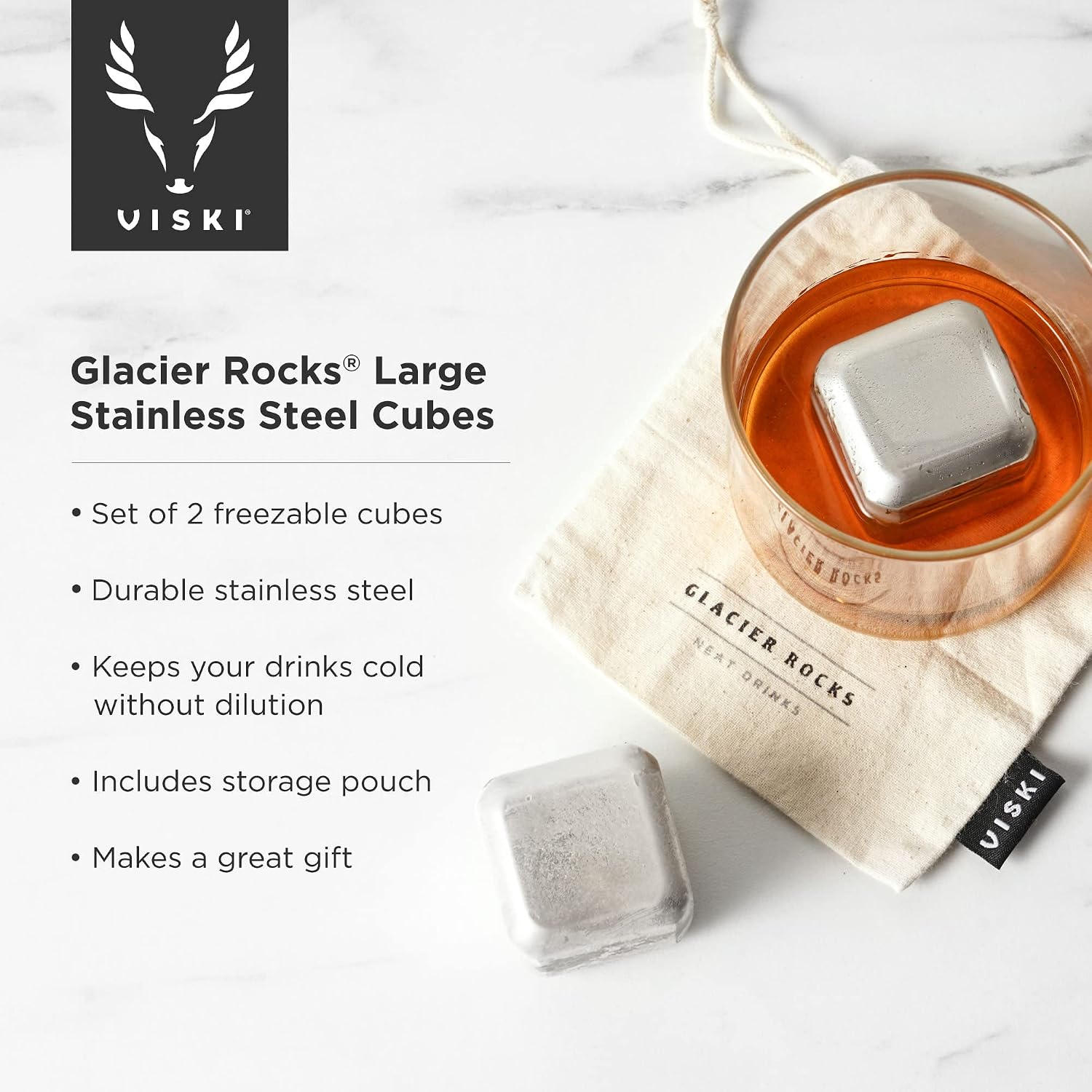 Viski Glacier Rocks Large Stainless Steel Cubes, Silver