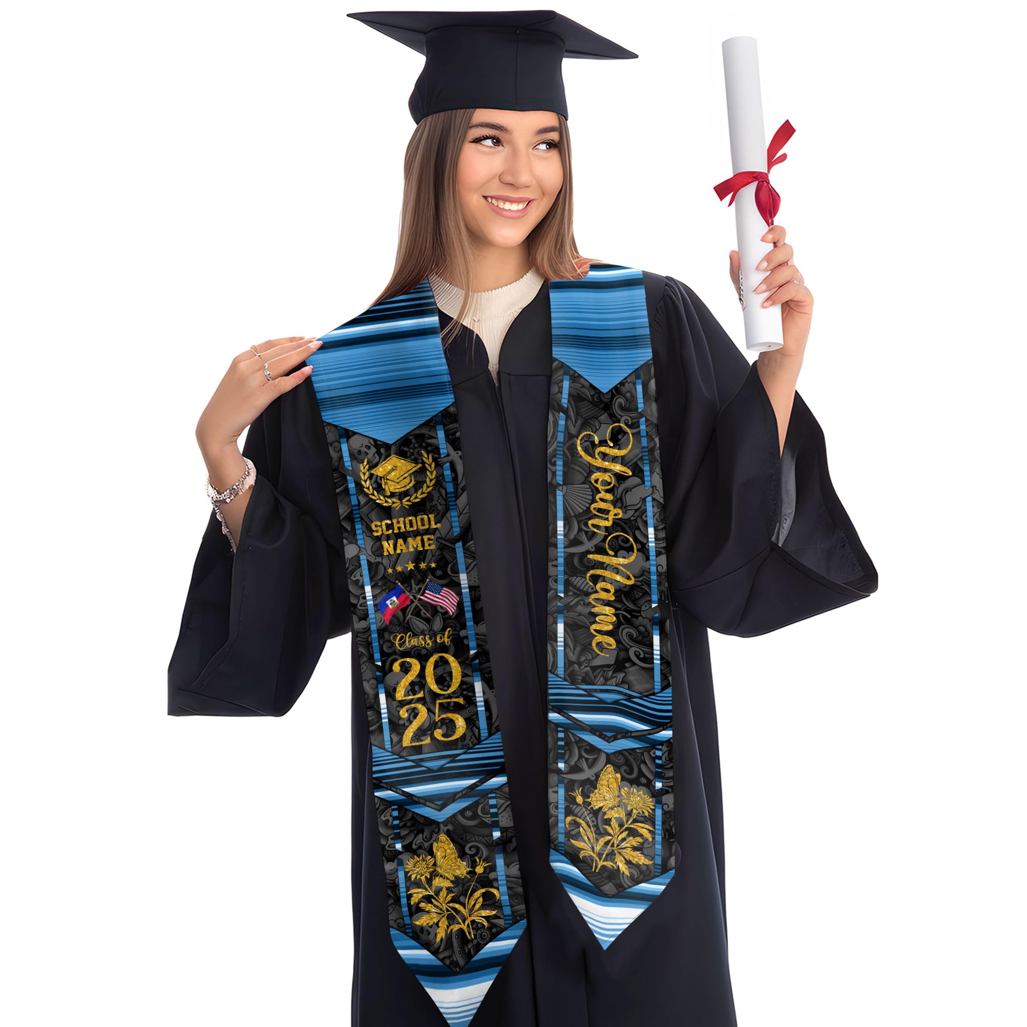 MonkeyVan Personalized Haiti Graduation Stole Sash 2025, Haitians American Flag Graduation Sash, Graduation Stole Haiti Gifts Ht 2