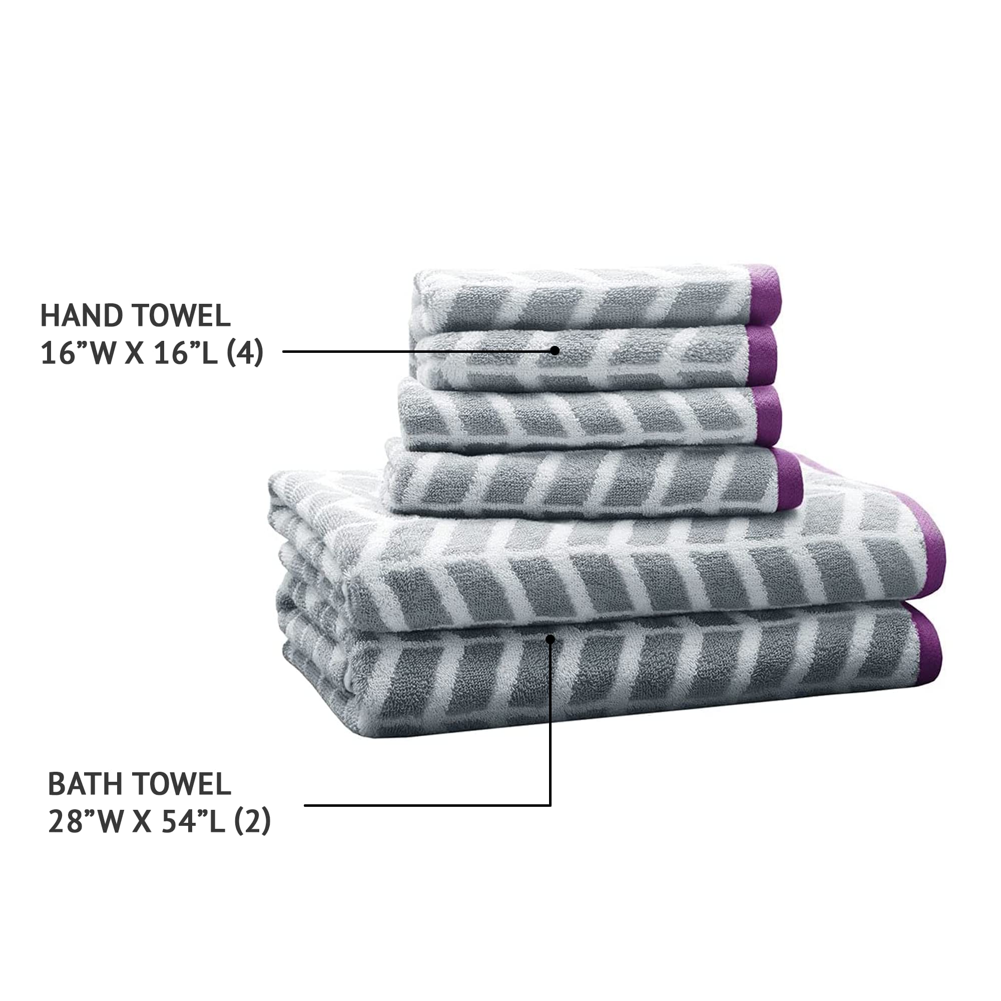 Intelligent Design Nadia 100% Cotton Luxurious Bath Towel Set, Jacquard Chveron Design Highly Absorbent, Quick Dry, Hotel & Spa Quality for Bathroom, Multi-Sizes, Multi-Sizes, Purple 6 Piece