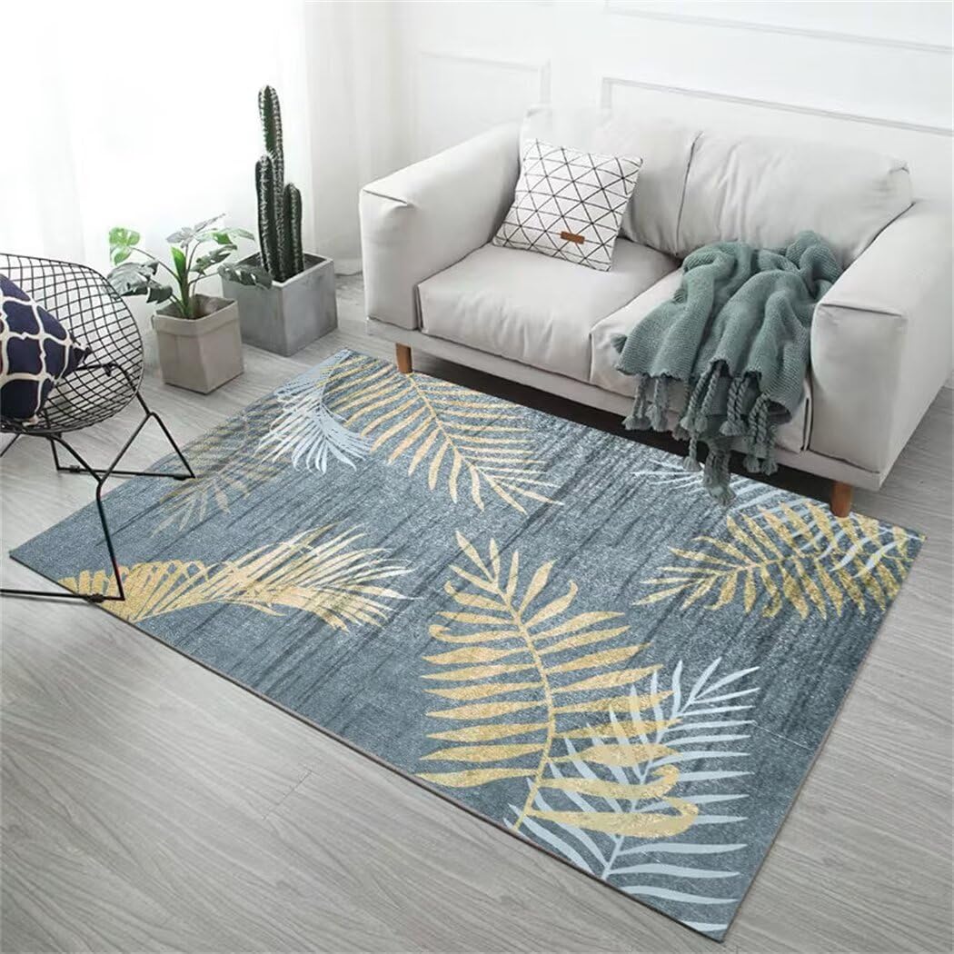 Tapis chambre fille bleu 60x110 cm antidérapant avec motif feuille