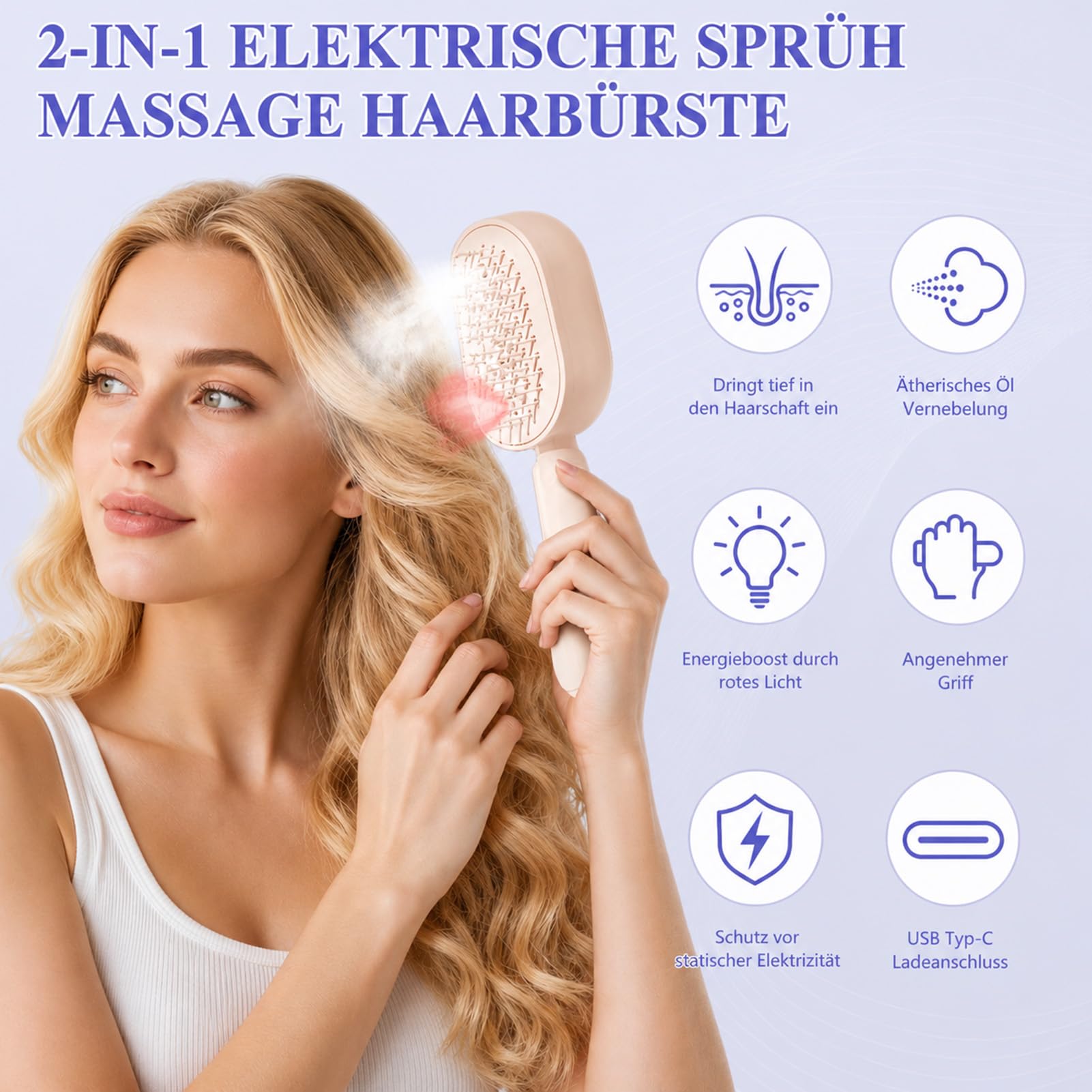 3 in 1 Elektrischer Sprüh-Luftkissen-Massagekamm, Luftkissen-Massagekamm zur Kopfhautpflege, Entwirrungsbürste mit Nachfüllbarem Ätherischem Öle, Antistatisch für Damen & Herren (Rosa)