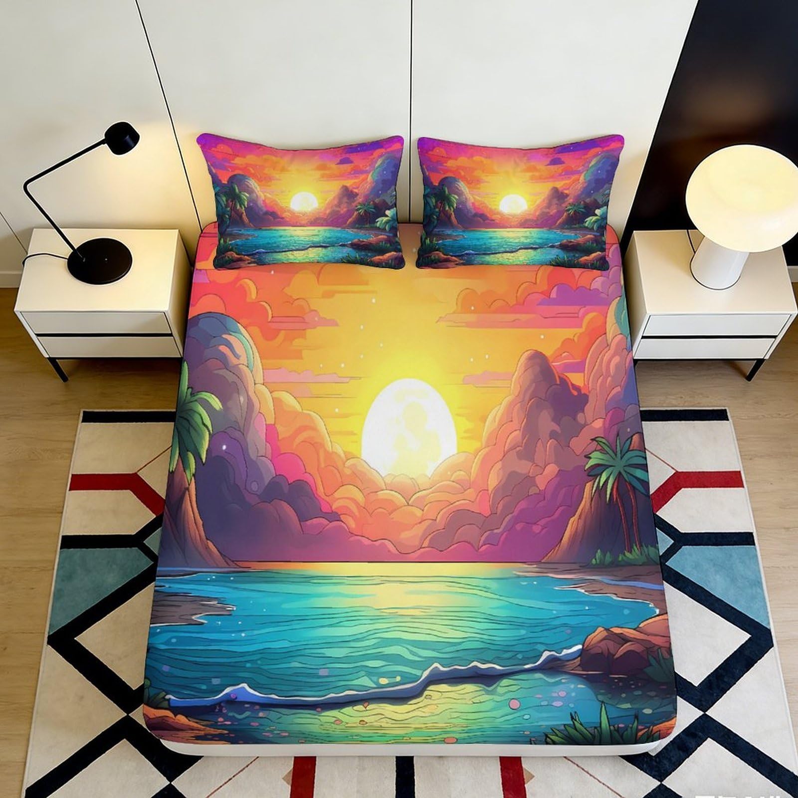 3D Printed Sunset Beach Fitted Sheet Microfiber Soft Durable Vibrant Clouds Bed Cover for Bedroom Dormitory Guest Room Mattress Protection 90x200x25cm
