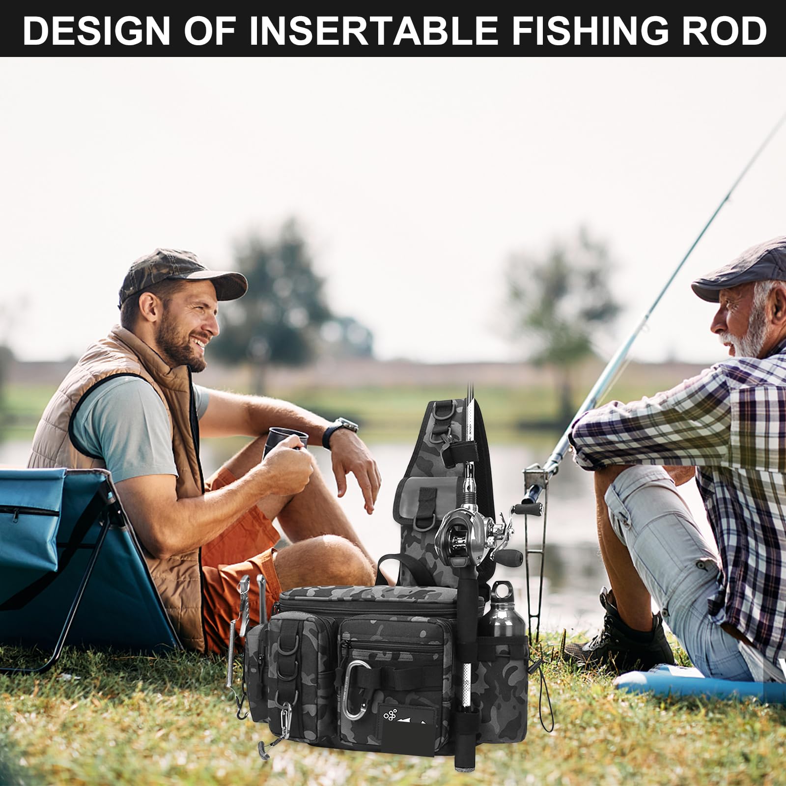 Zimoer Borsa Tracolla da Pesca, Borsa per Attrezzatura da Pesca con Porta Canna, Zaino Impermeabile per Escursionismo, Caccia, Campeggio, Attività all'aperto (Nero Mimetico)