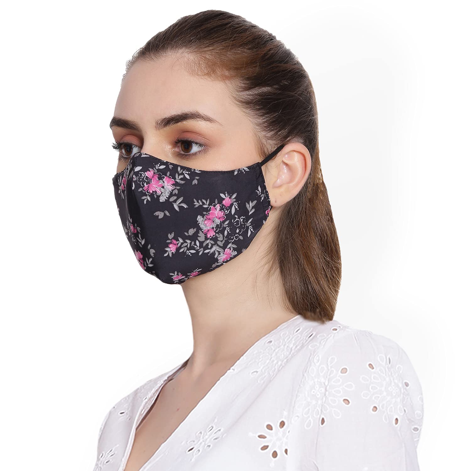 Freya Inc.Reusable and Washable Floral Face Mask with 2 Replacement Filters (Black, Pink)