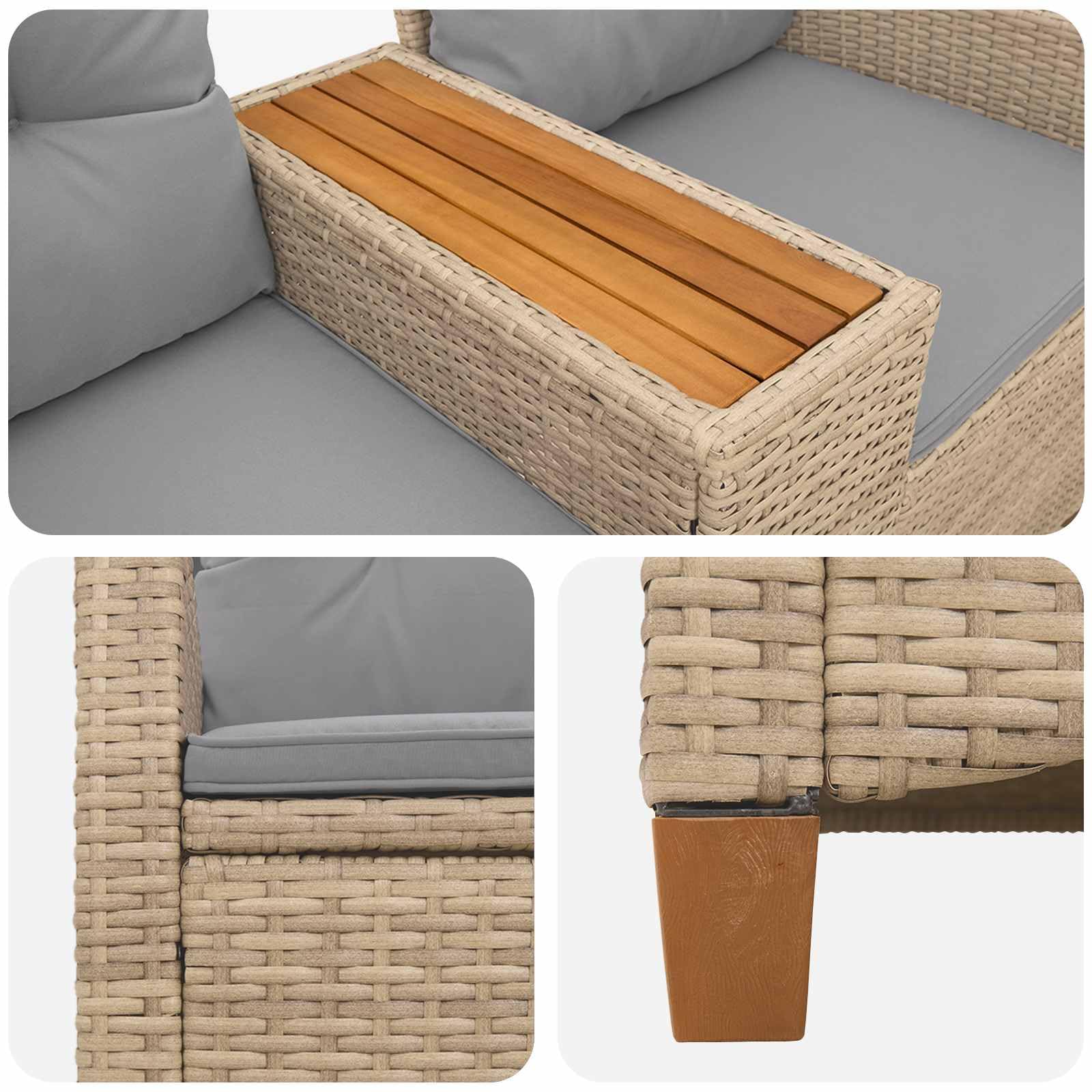 Liegebank mit Tisch Beige Hellgrau 126 x 65 x 112 cm Gartenbank Balkonbank Terrassenbank mit Verstellbarer Rückenlehne und integriertem Tisch für Entspannung im Outdoor-Bereich