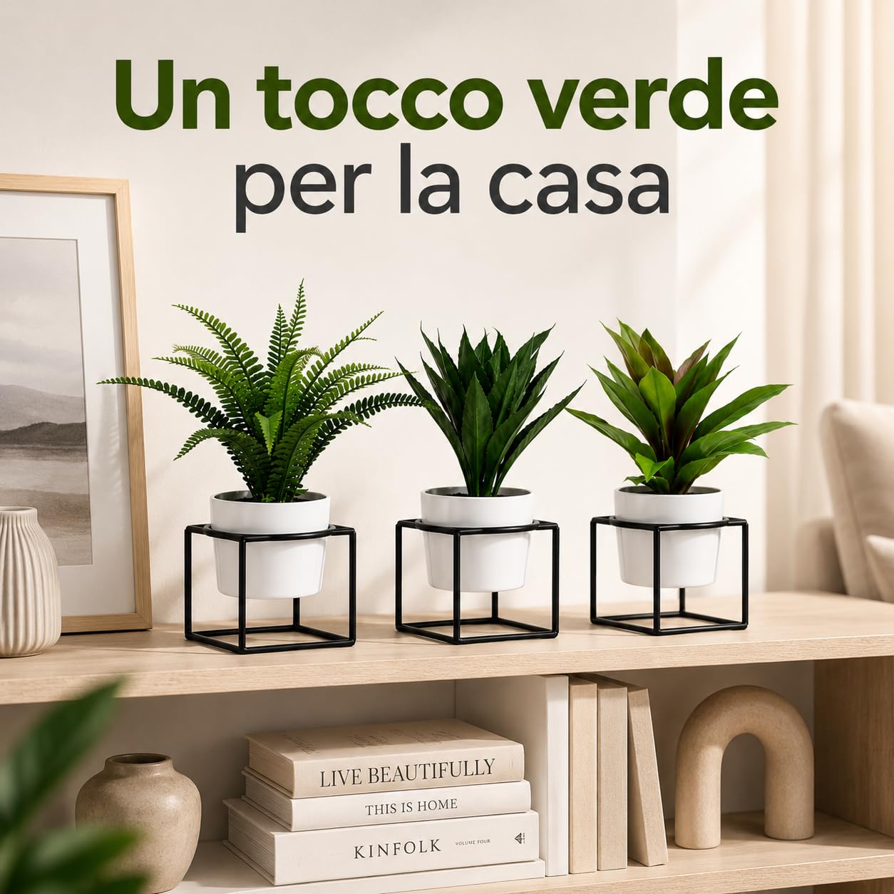 Generico Plantas artificiales decorativas con maceta blanca y base negra, 3 unidades Ø9,5 x H22,5 cm | Plantas artificiales de interior para casa, oficina, estantería, baño, salón y dormitorio