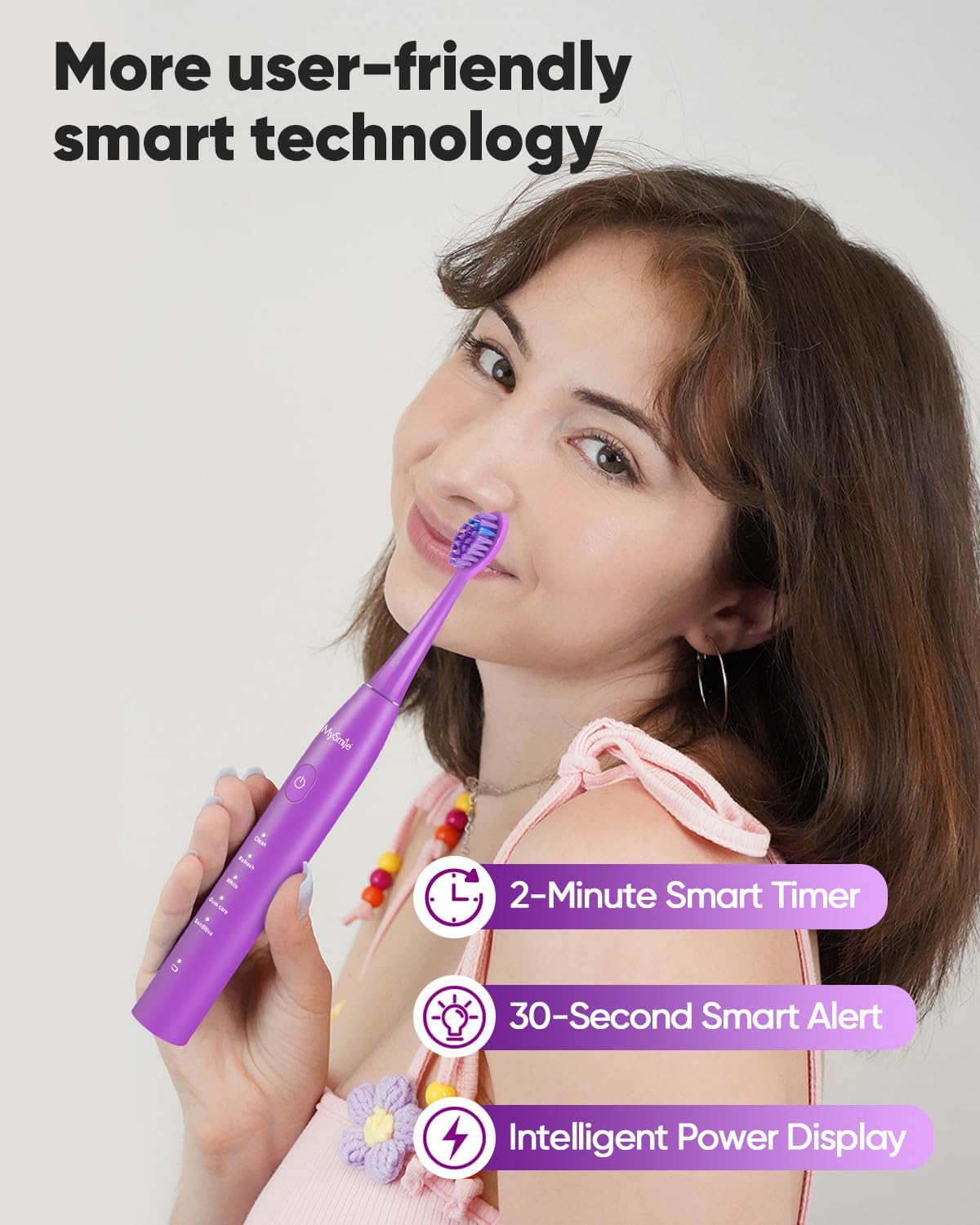 MySmile DY156 Electric Toothbrush for Adults with 3 Brush Heads and Replacement Heads, 3 Packs (Purple)