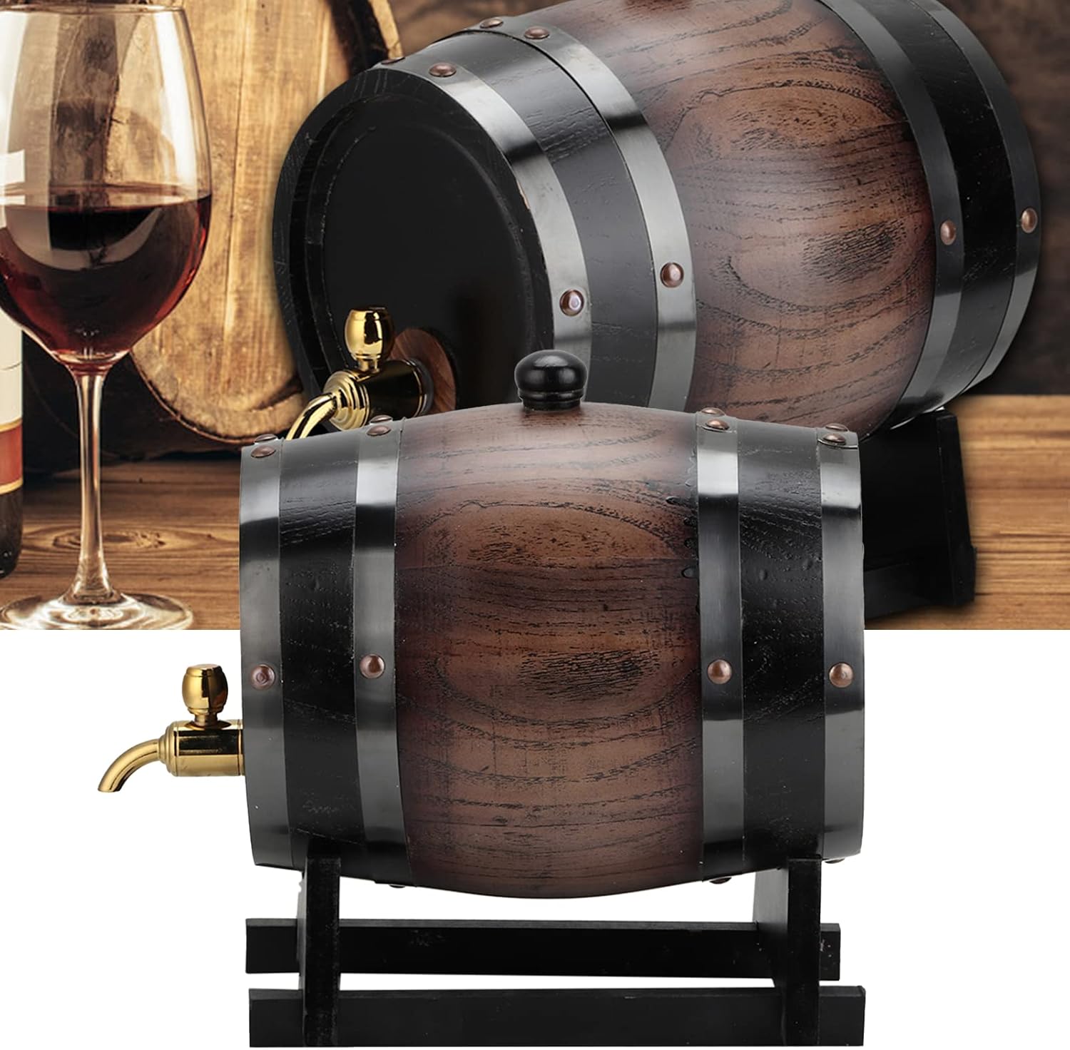 Vintage 3L Oak Wood Red Wine Barrel Keg with Faucet - Striped Black, Perfect for Brandy and Whisky