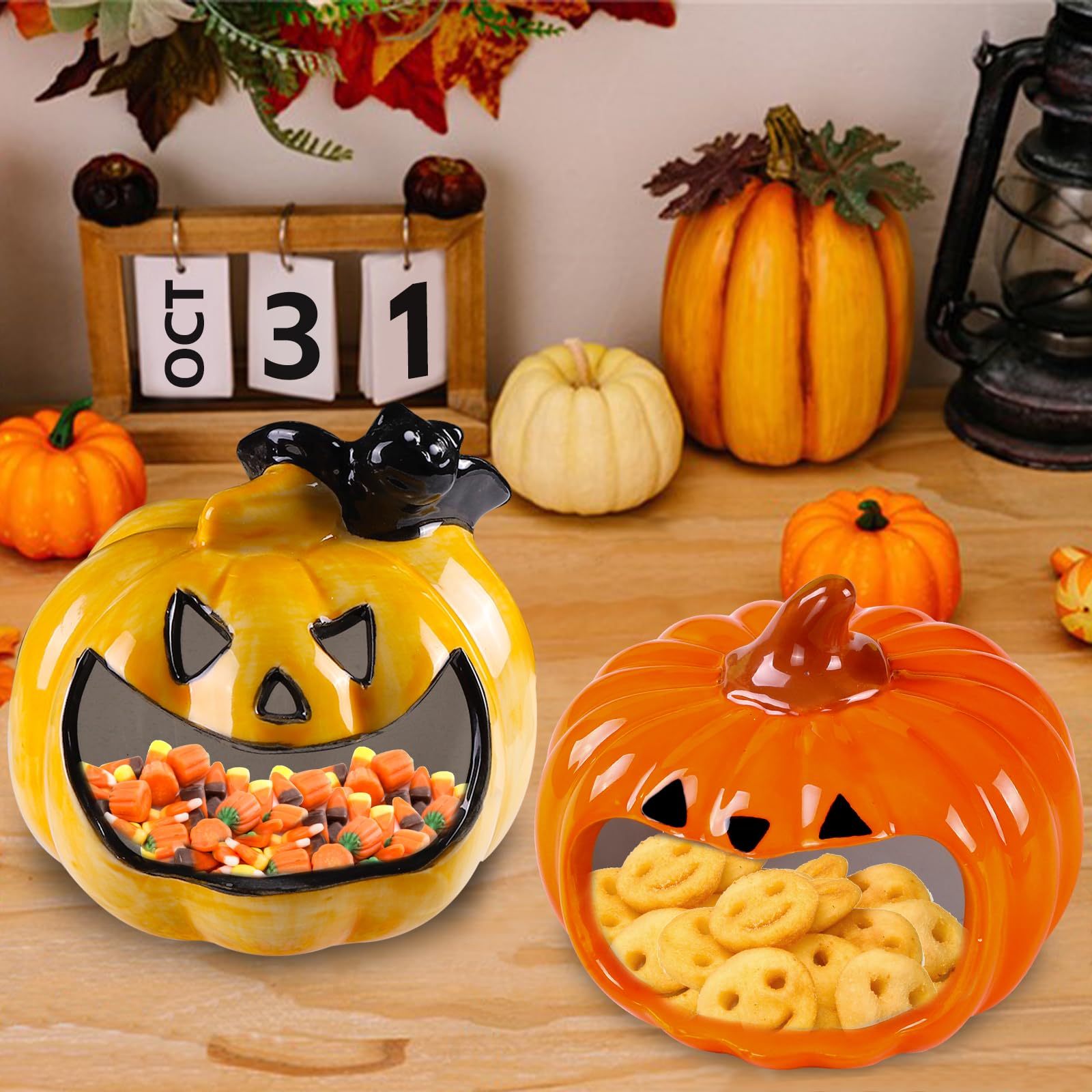 DIYDEC 2pcs Halloween Candy Bowls, Pumpkin Candy Dish Candle