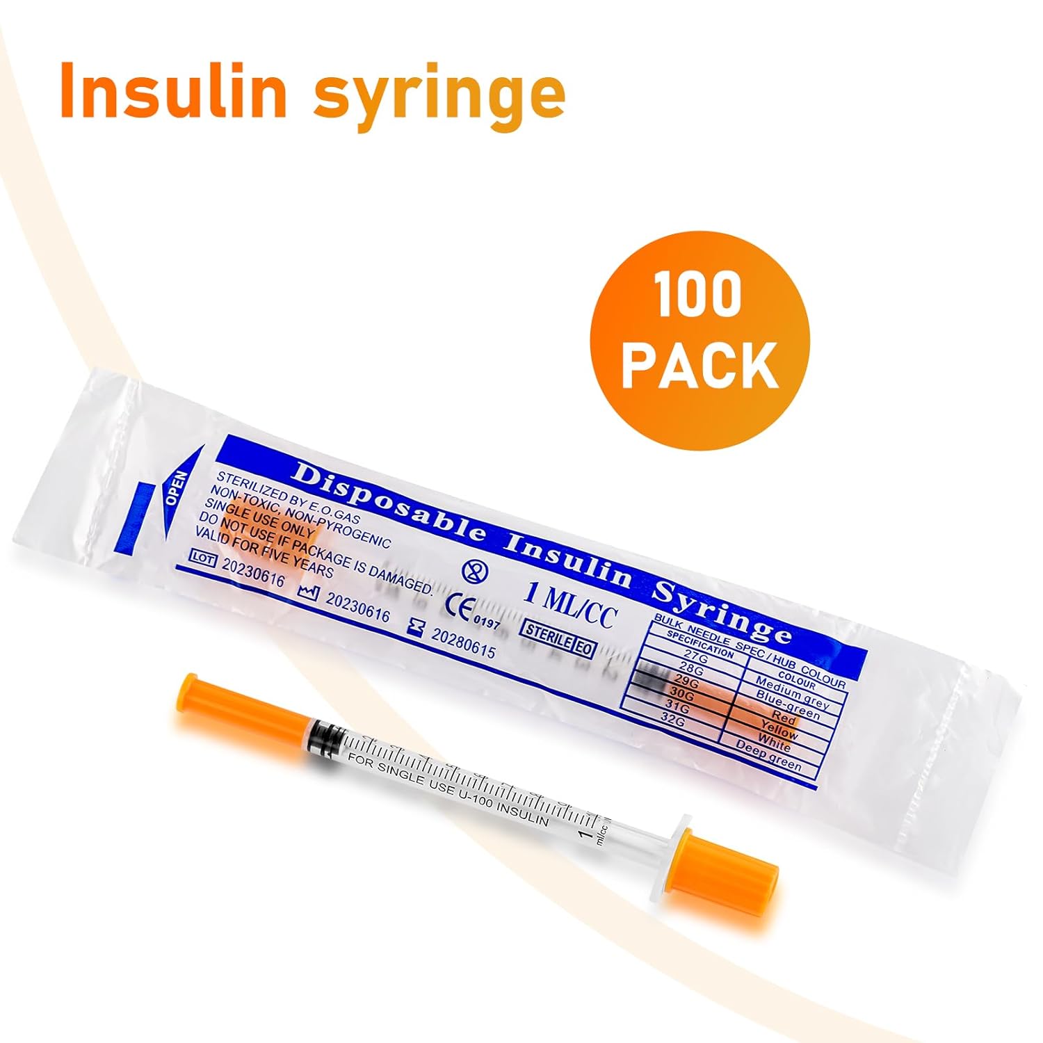 1ml/cc Syringe with 31G 0.3Inch Needle - Orange Syringe (31G-8mm-100Pack)