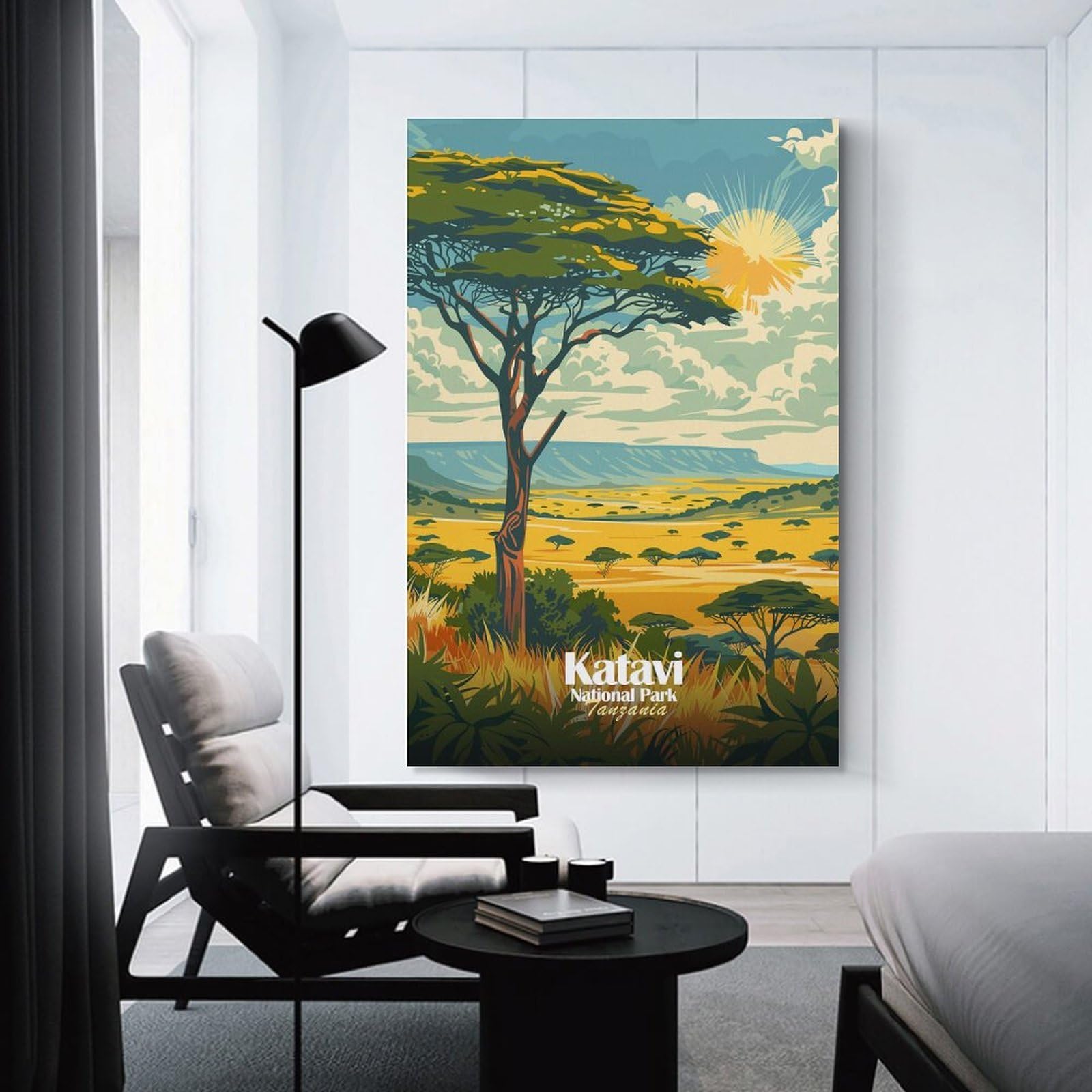 Junmoney Katavi National Park, Tanzania Illustration Hanging Wall Art, 20x30inch(50x75cm), for Bedroom, Guest Room Or Reading Nook, Home Artwork with A Soft Interior Feel