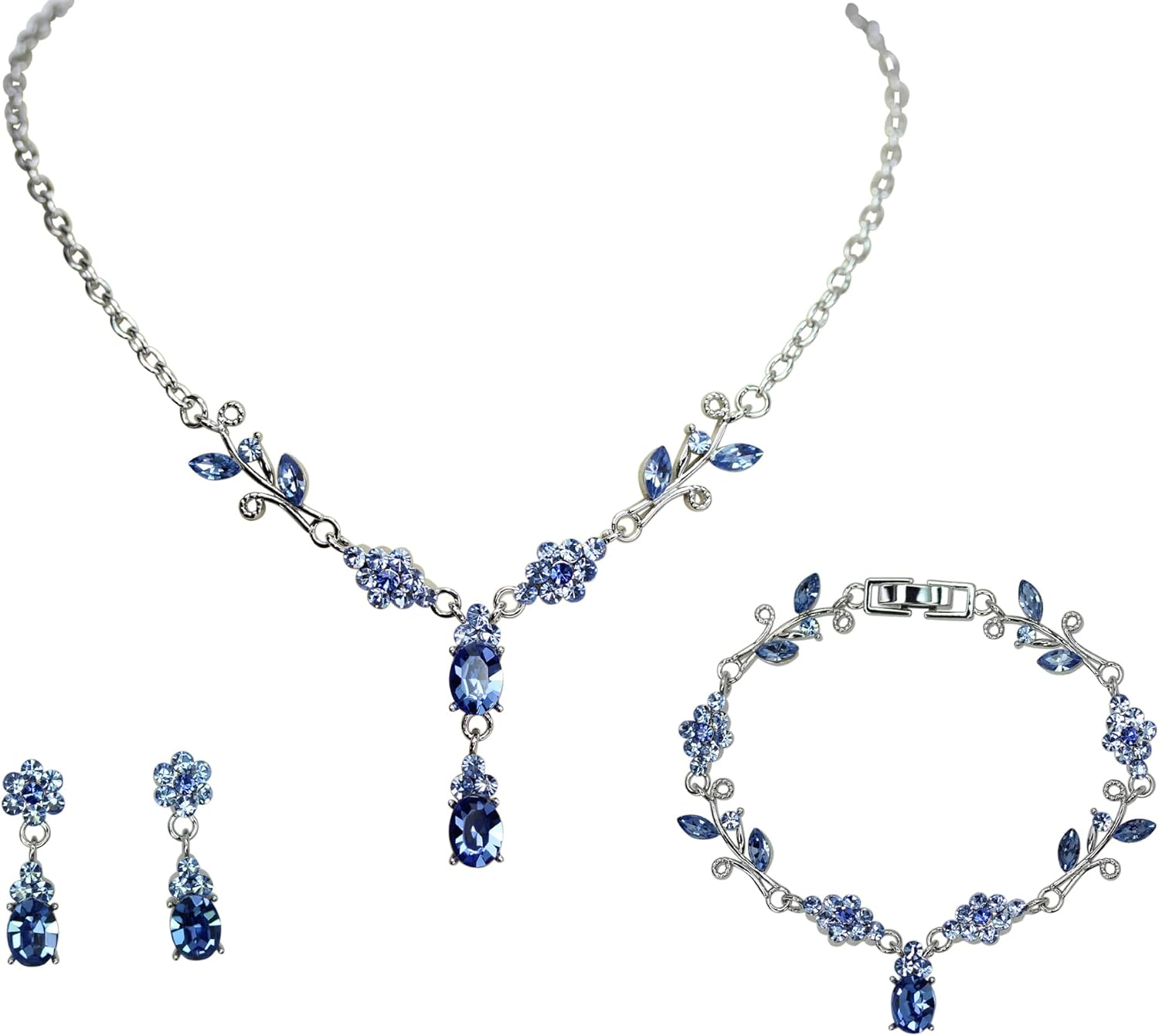 Faship Formal Rhinestone Floral Necklace Bracelet Earrings Set