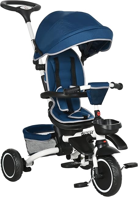 HOMCOM 6 in 1 Kids Trike with Parent Handle Foldable Toddler Push Along Trike Tricycle w/ Reversible Seat Removable Canopy Handrail Storage Footrest for 1-4 Years Blue