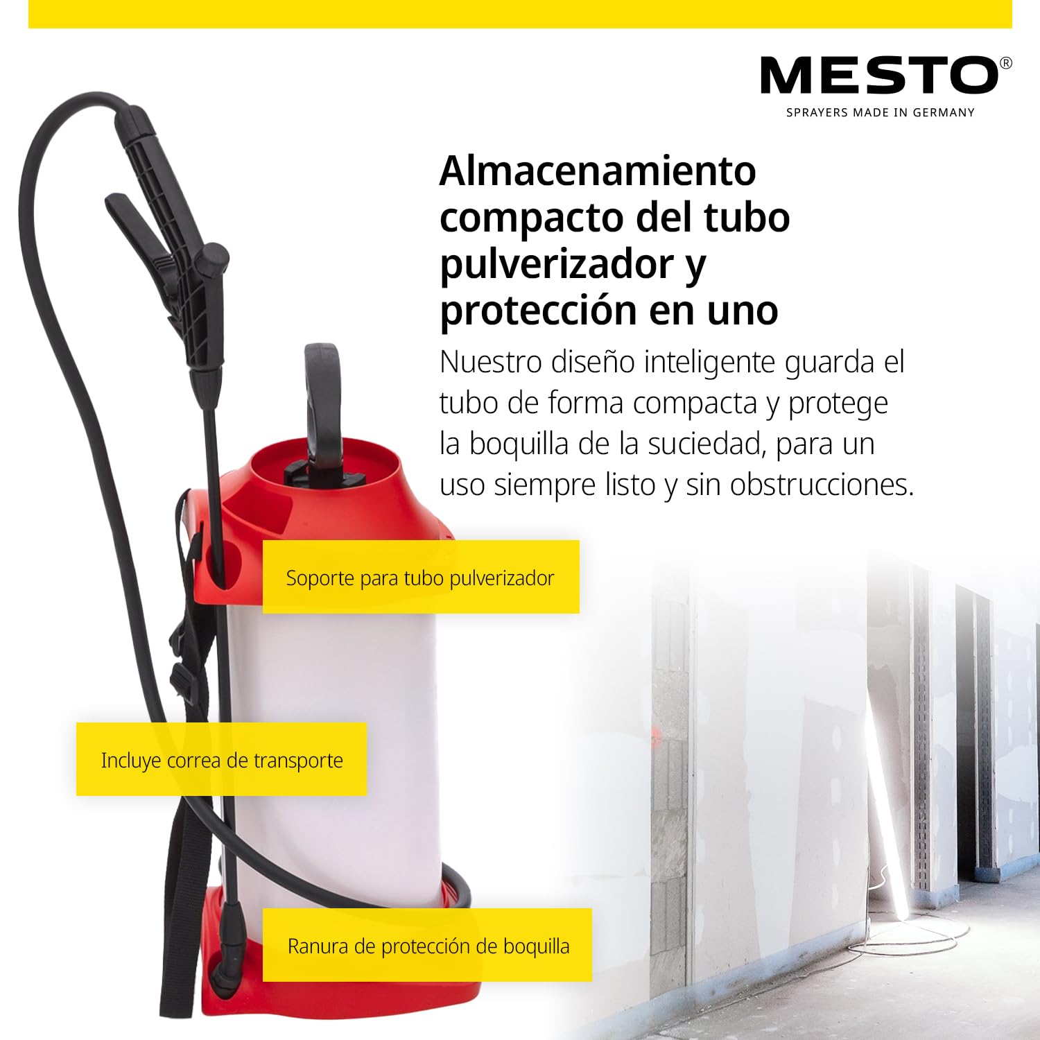 MESTO Primer Pulverizador a presión 5 L Set con Tubo de extensión 45 cm | Pulverizador Manual 3 Bar | Sulfatadora Manual para construcción y reformas | para imprimaciones y químicos de construcción
