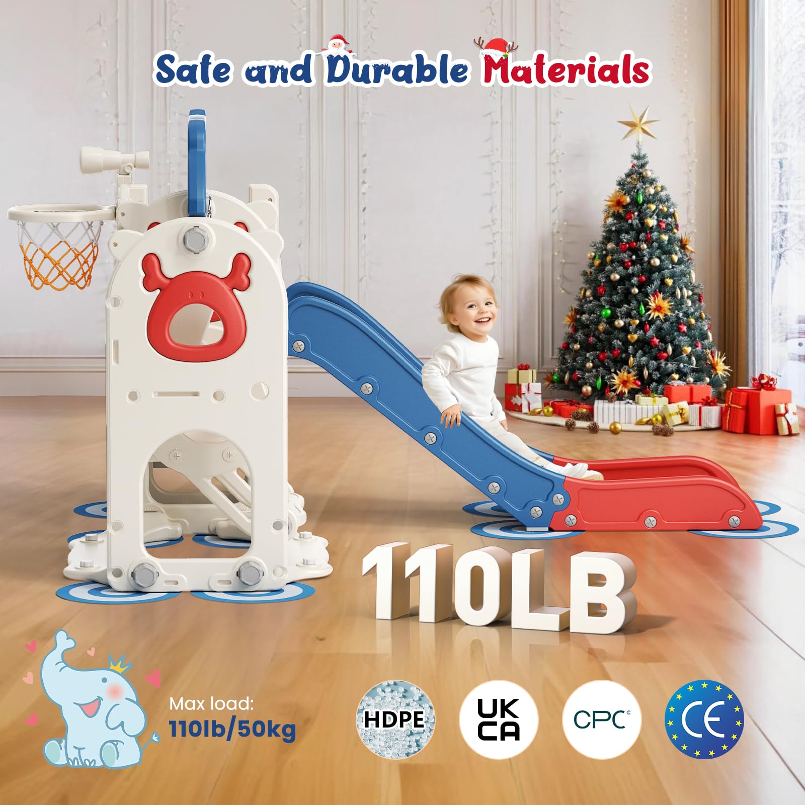 Scivolo per bambini 6 in 1, scivolo per bambini a tema alce natalizio con altalena,attrezzatura per parco giochi con scivolo, scivolo da 1 a 3 anni(Alce rosso blu-6 in1)