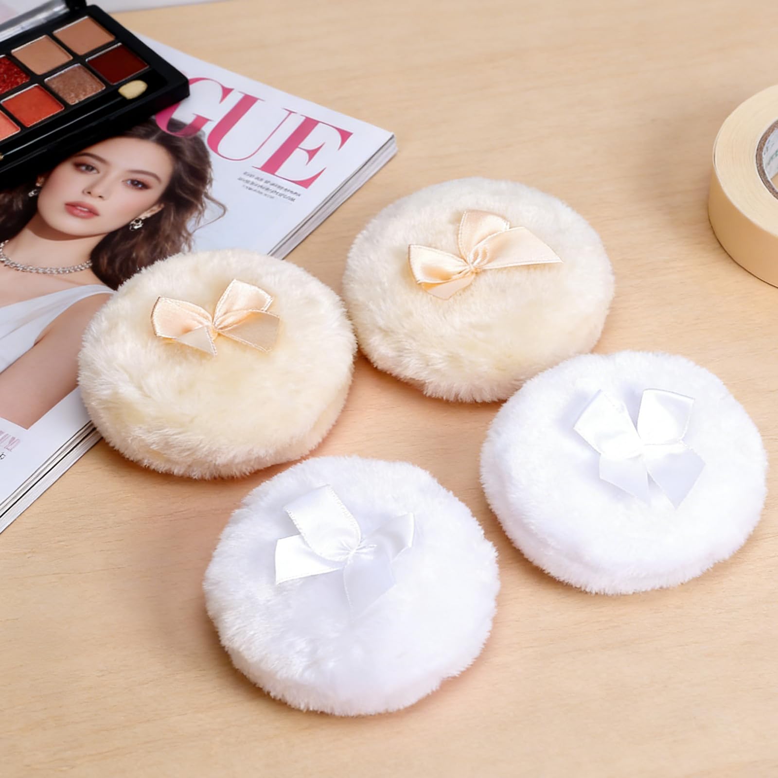 Piumino per Cipria Grande Set 4 Pezzi Piumino per Polvere Corporea Morbido Fluffy Lavabile con Nastro per Trucco Donna Bianco Beige