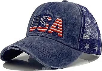 IZUS Womens American-Flag Baseball-Caps USA-Embroidery Ponytail-Hat Distressed-Scratch-Frayed-Brim Mesh-Back Track-Hat Men