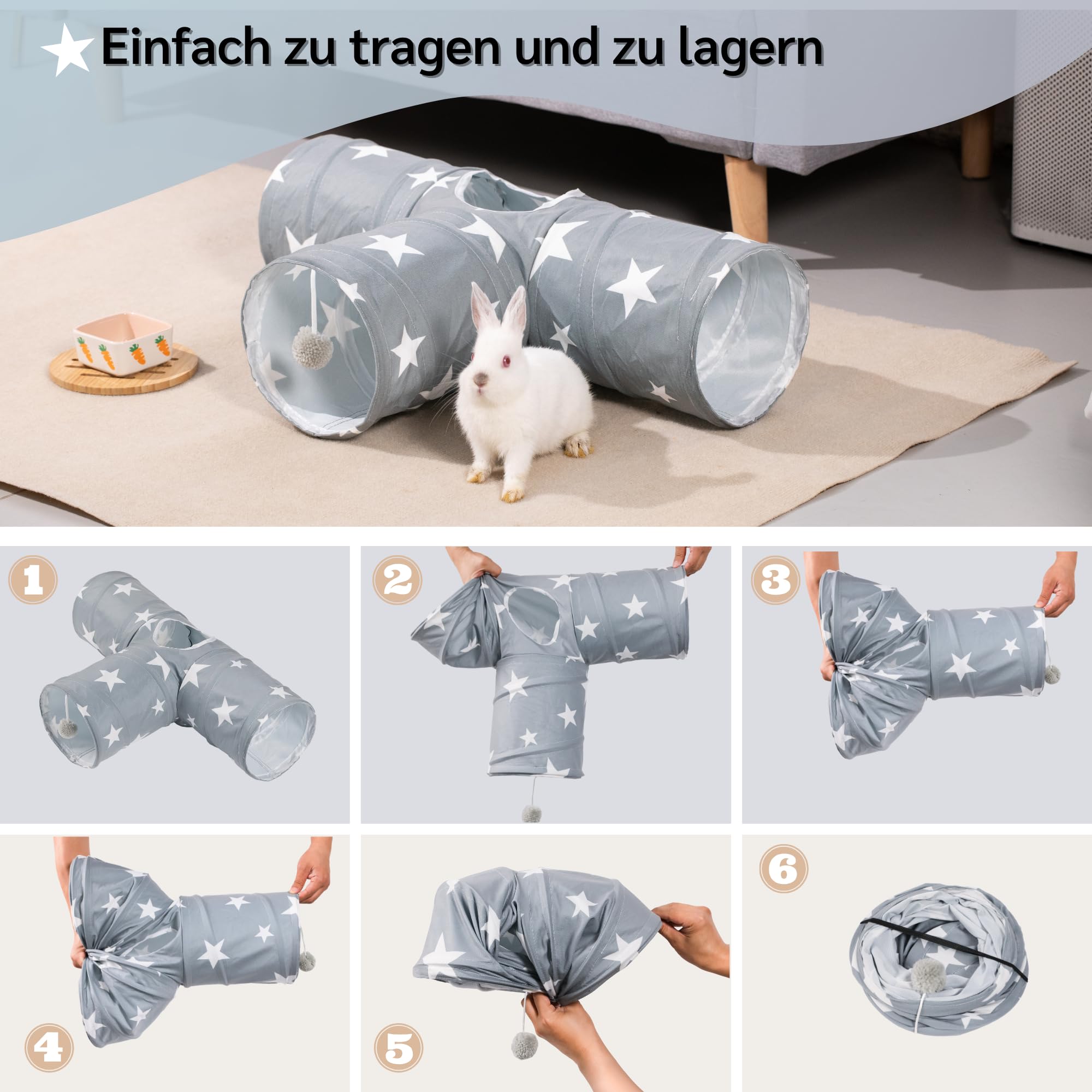 JanYoo Bunny Tunnel 3 voies pour lapin et cochon d'Inde - Tunnel de jeu pliable pour petits animaux - Jouet d'activité pour petits animaux