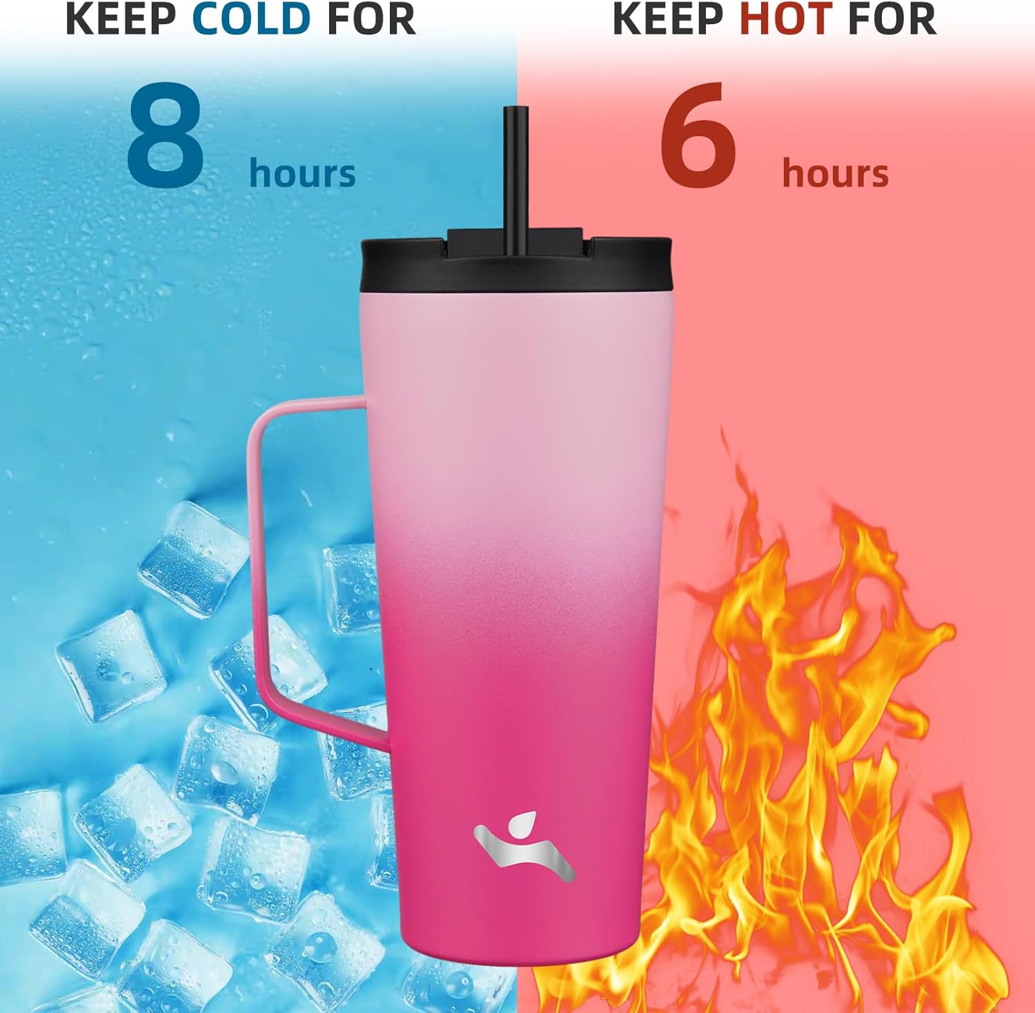 Insulated Tumbler with Handle and Straw, 22 OZ Travel Coffee Mug Stainless Steel Cup Metal Water Bottle,Cherry - Image 4