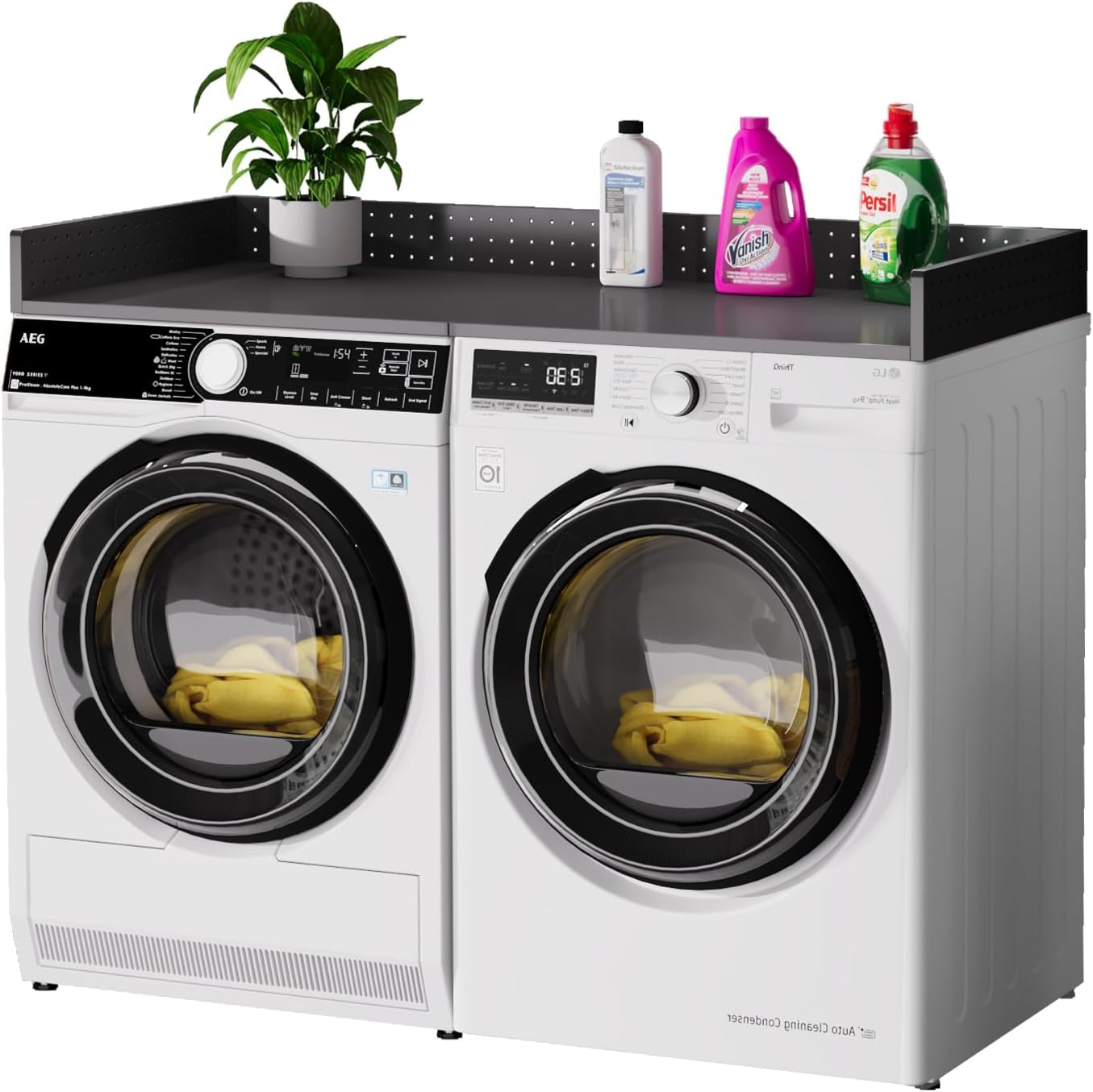 Washer Dryer Countertop, 57.1" W x 27.55" D Heavy Duty Metal Laundry Countertop with Edge Rails, Washer Dryer Topper with Hooks for Laundry Room Organization (Black)