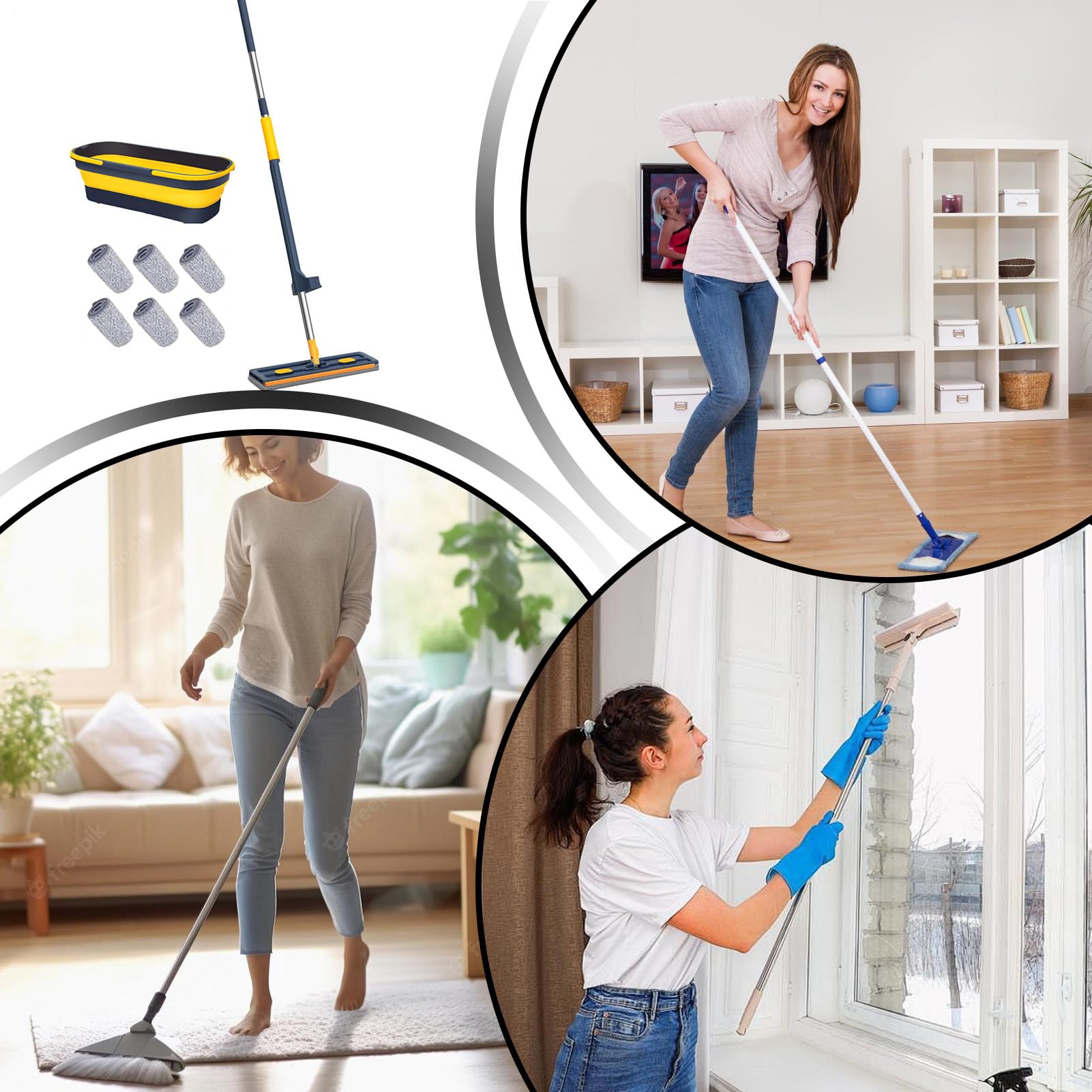 Mopa Plana de Microfibra Giratoria 360 Grados, En Seco O Húmedo, Mango | Herramienta de Limpieza Doméstica para Suelos de Cocina, Baño, Hogar, Comercial, Alfombra, Madera Dura, Baldosas y Má