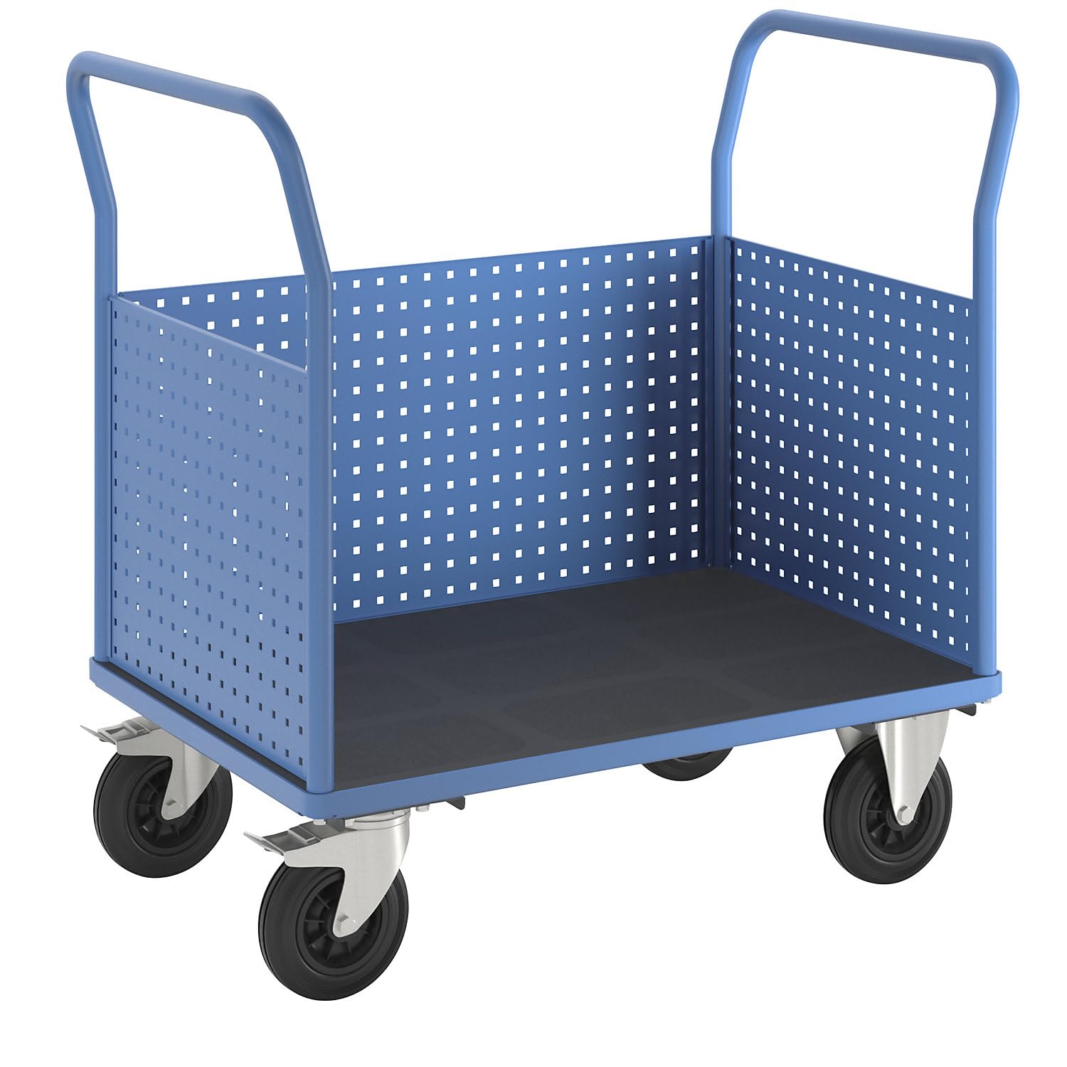 eurokraft pro | Plattformwagen | Mit 3 hohen Lochblechwänden, LxB 1050 x 700 mm, Vollgummi