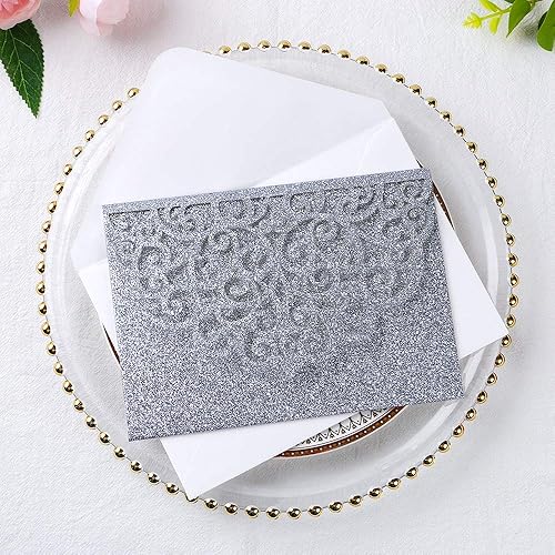 Vista 93 de ponatia 5.12 x 7.2 Invitaciones de boda de corte láser con purpurina negra, bolsillos de invitación triples cortados con láser con sobres