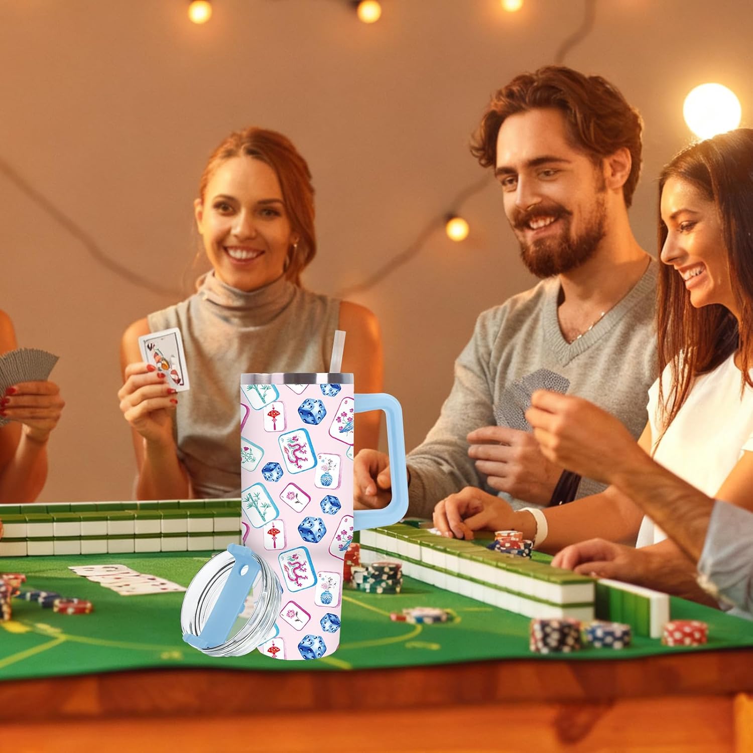 JarThenaAMCS Mahjong Tumbler with Lid and Straw Stainless Steel Cup 40oz Pink Blue Mahjong Tile Dice Tumbler with Handle for Game Night Bridal Shower Birthday Home Office Travel - Image 6