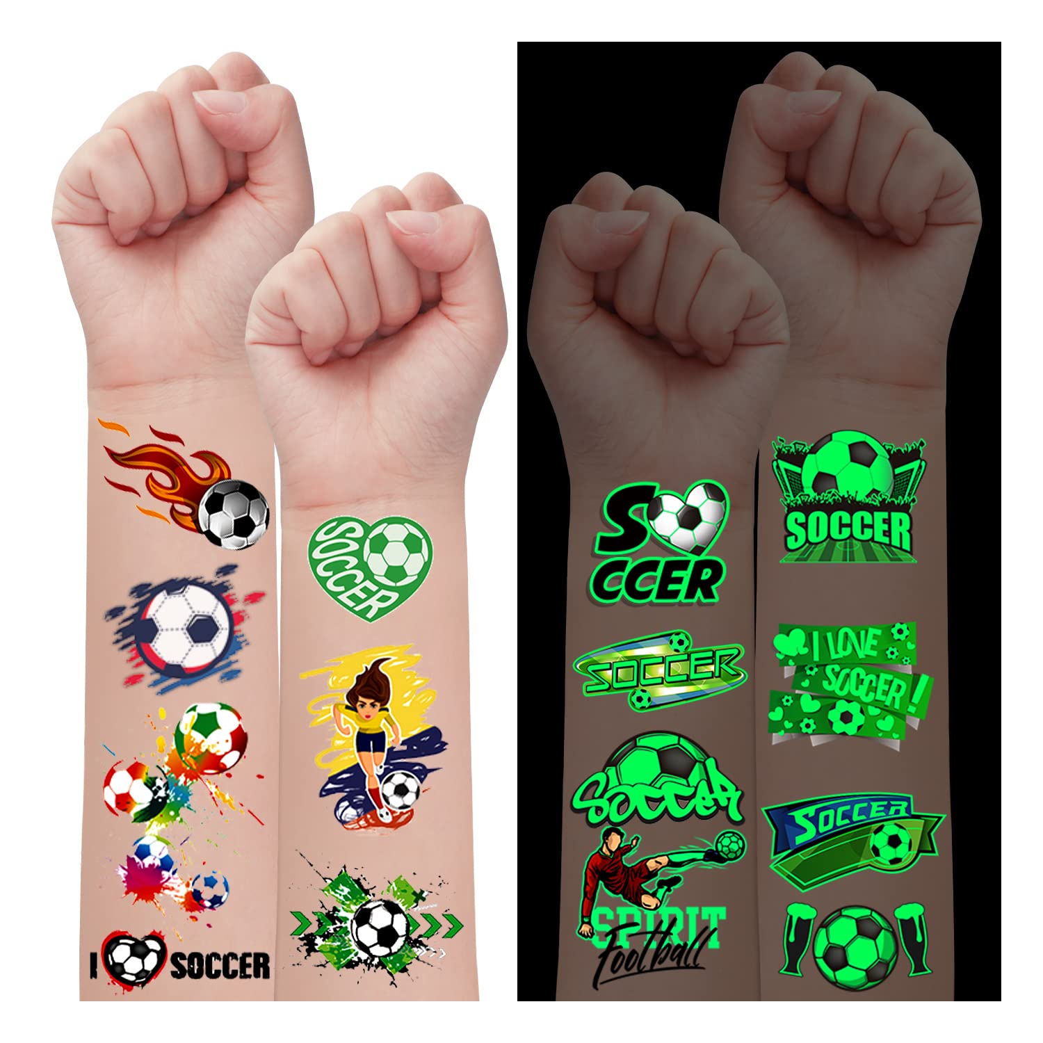 Leesgel Fußball Leucht Tattoos Kinder, 20 Blatt Geschenk Jungen Deko | Hautfreundlich Wasserfest, Fußball Motive, im Dunkeln leuchtend, Geburtstag Deko, Einschulung, Geschenk Jungen 3-10