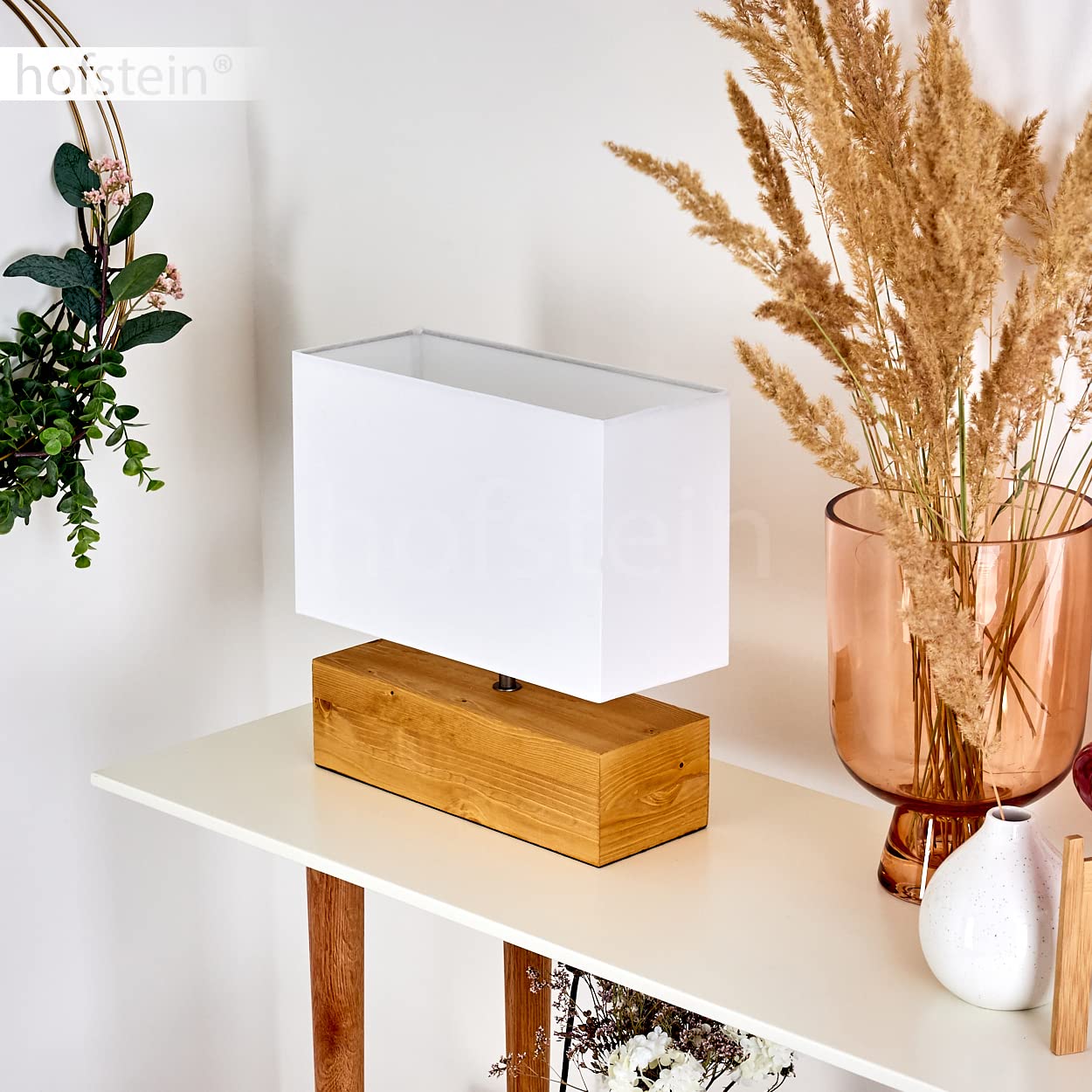Lampada da tavolo Ginevra, lampada da comodino in legno/tessuto in bianco/natura, 1 luce, in design scandinavo, 1 x E27, lunghezza 30 cm, lampada con interruttore on/off sul cavo, senza lampadina/e