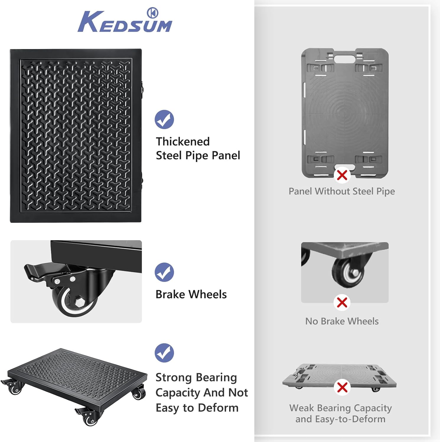 KEDSUM Heavy Duty Furniture Dolly 1000lbs Capacity，4 Wheel Furniture Movers with Brakes，16" x 12" Strong Steel Platform for Sofa, Safe, Appliances Moving (1 Pack)