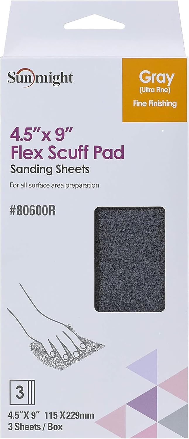 Sunmight Flex Scuff Pads for Paint Prep & Finishing Polish Retail Pack 4.5" x 9" - Gray 80600R - Aluminum Oxide - Hand Polishing Pad for Auto, Marine, Aerospace - 3 Ultra Fine Polish Sheets
