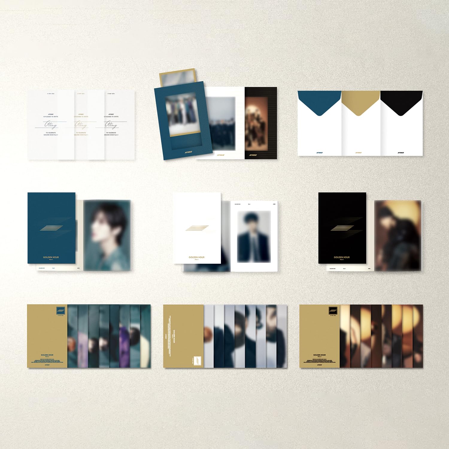 ATEEZ - [GOLDEN HOUR : Part.1] (GOLDEN HOUR Ver.) Invitation + Photo Frame + Postcard Set + Envelope + Photobook + Postcard + Photocard + Sticker + Bookmark + Disc + 2 Pin Badges + 4 Extra Photocards