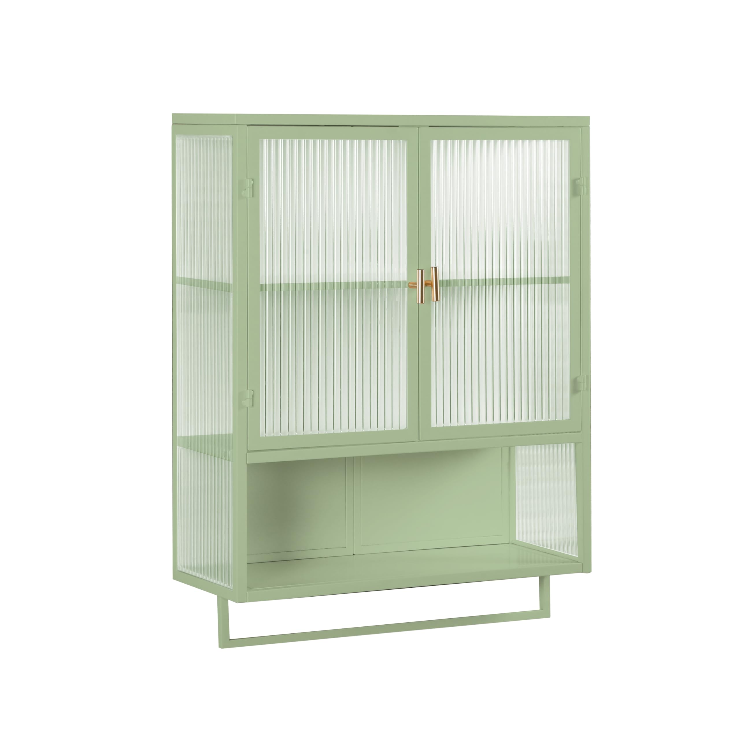 Moderner Hängeschrank Küchenschrank Wandschrank mit 2 Glastüren, Metal und Glas Badschrank Sideboard Hängend Medizinschrank mit Offener Stauraum und Handtuchhalter für Küche Bad, Grün, 60×23×78cm