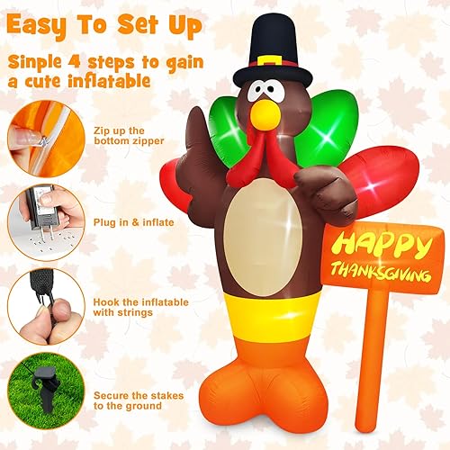 Miniatura 6 de Danxilu Pavo inflable gigante de 12 pies, decoraciones al aire libre, Acción de Gracias, inflables con letreros de calle, decoración de patio, luces