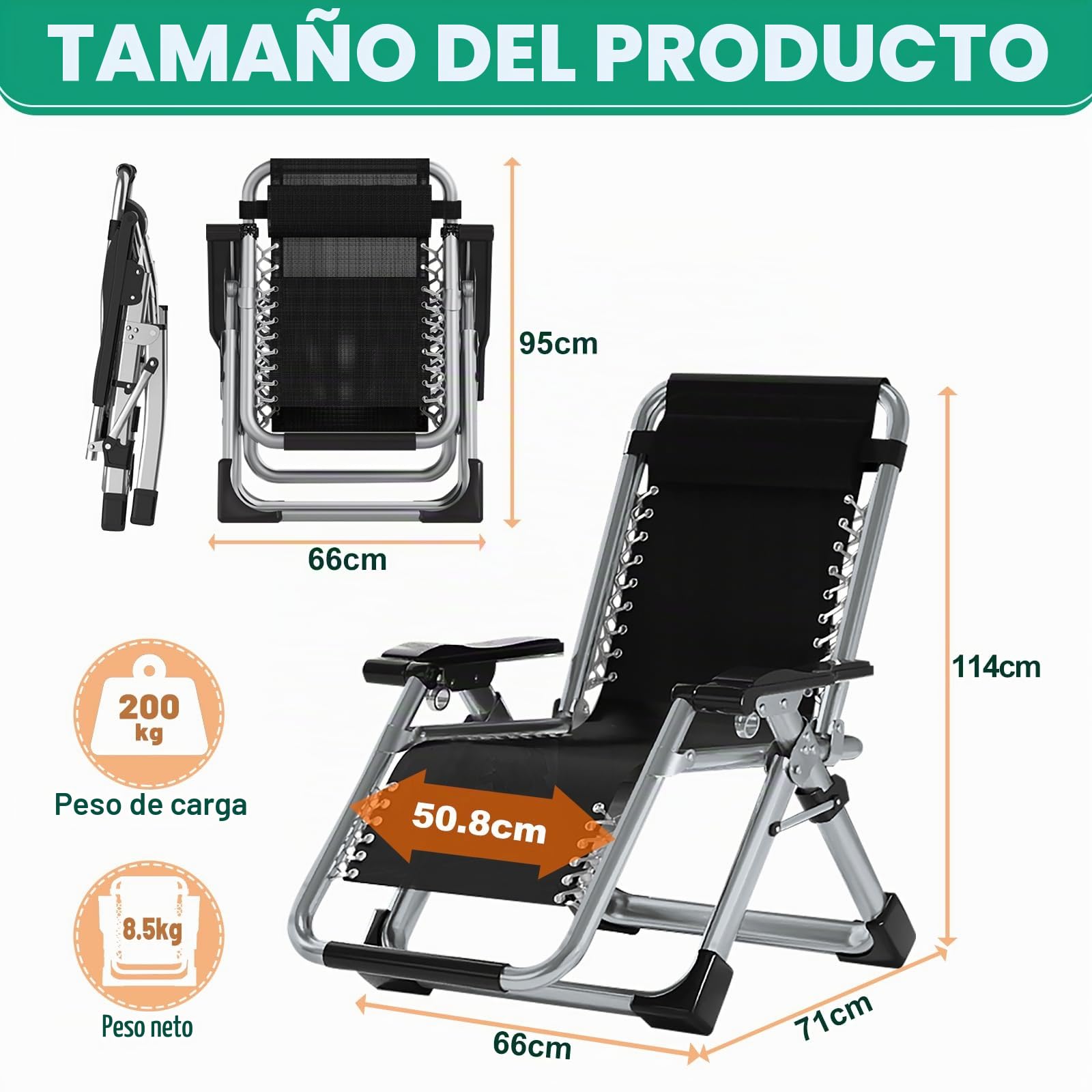 Tumbona plegable para el sol, silla de terraza, con capacidad de carga de 200 kg, silla de gravedad cero con soporte de cojín, portavasos, tumbona de jardín extraancha ajustable para patio