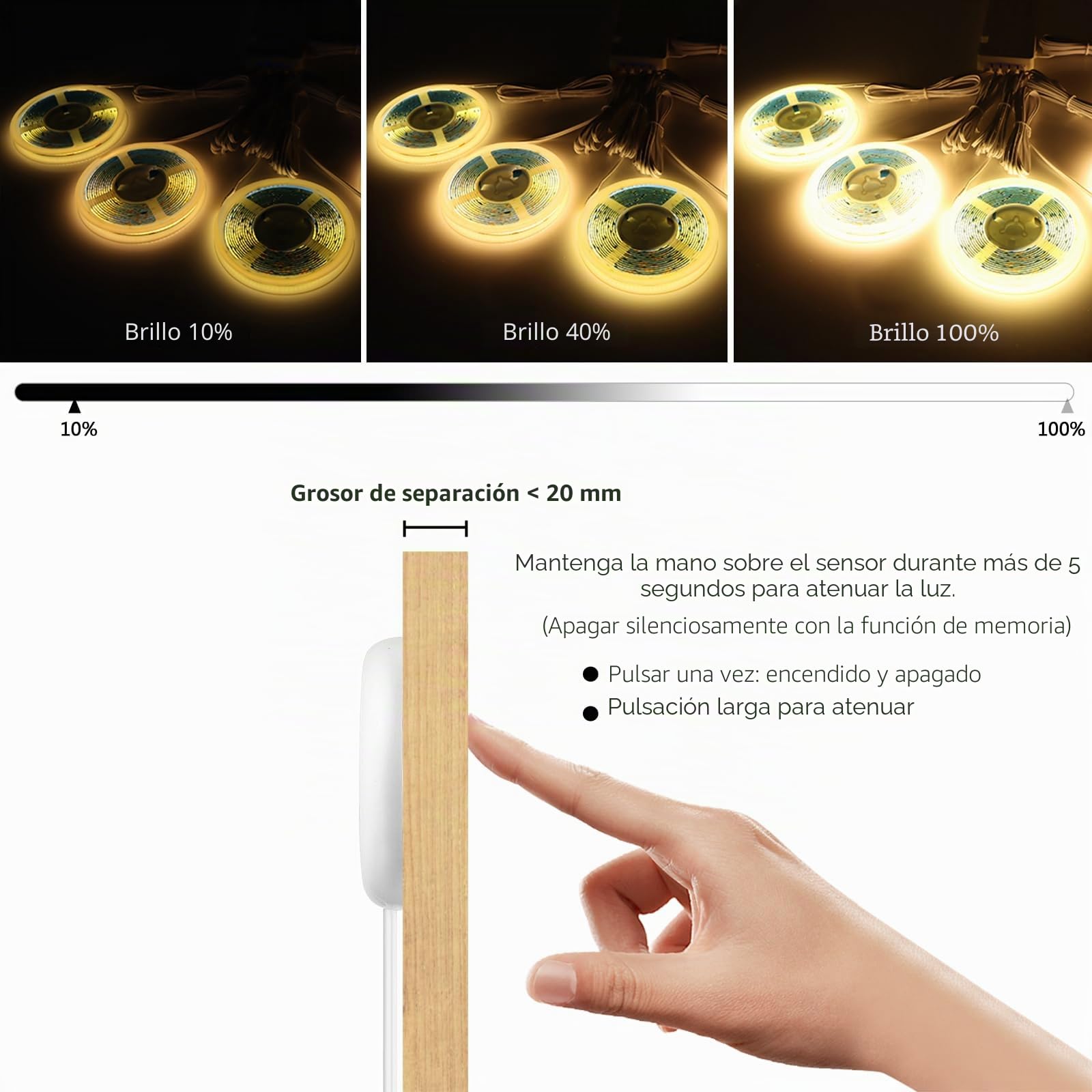 AIMENGTE Lámpara LED para debajo de los muebles, 12 V, cortable, interruptor con sensor COB con divisor, fuente de alimentación de 60 W, luz blanca cálida, iluminación de vitrina, adecuada (3m)