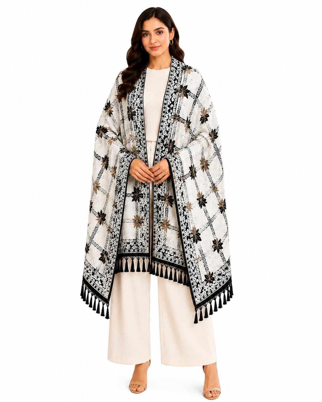 Women's Winter Wool Blend Embroidered Kashmiri Style Shawl | Soft Warm Designer Floral Woven Stole with Tassel Border | Free Size 33 x 82 Inches | Elegant Winter Wrap for Women & Girls-picture-21