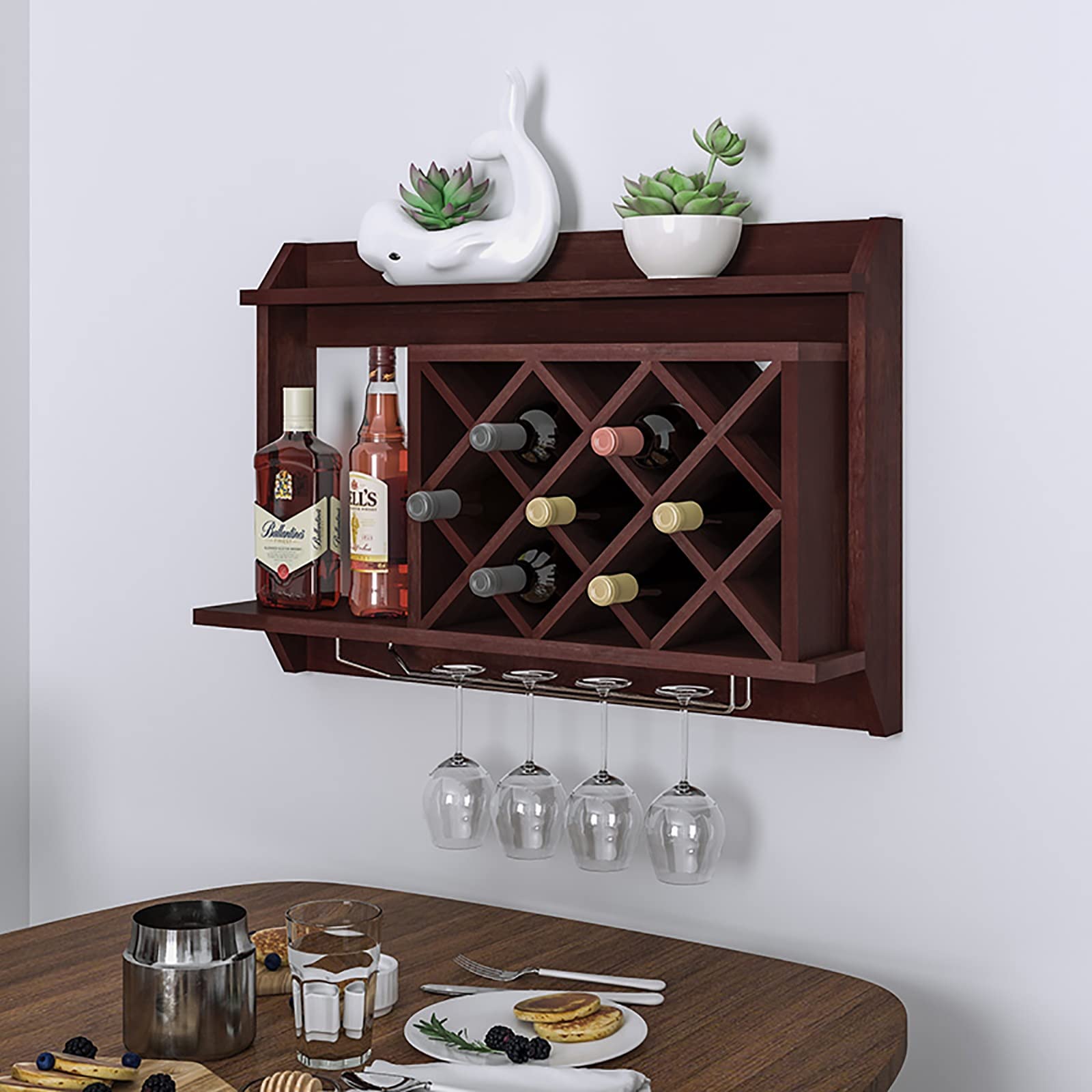 Stojak na wino montowany na ścianie, Drewniany wiszący stojak na wino, 3-warstwowy stojak na wino, Winiarka montowana na ścianie z uchwytem na trzcinę, Wolnostojący stojak ekspozycyjny, Do jadalni,
