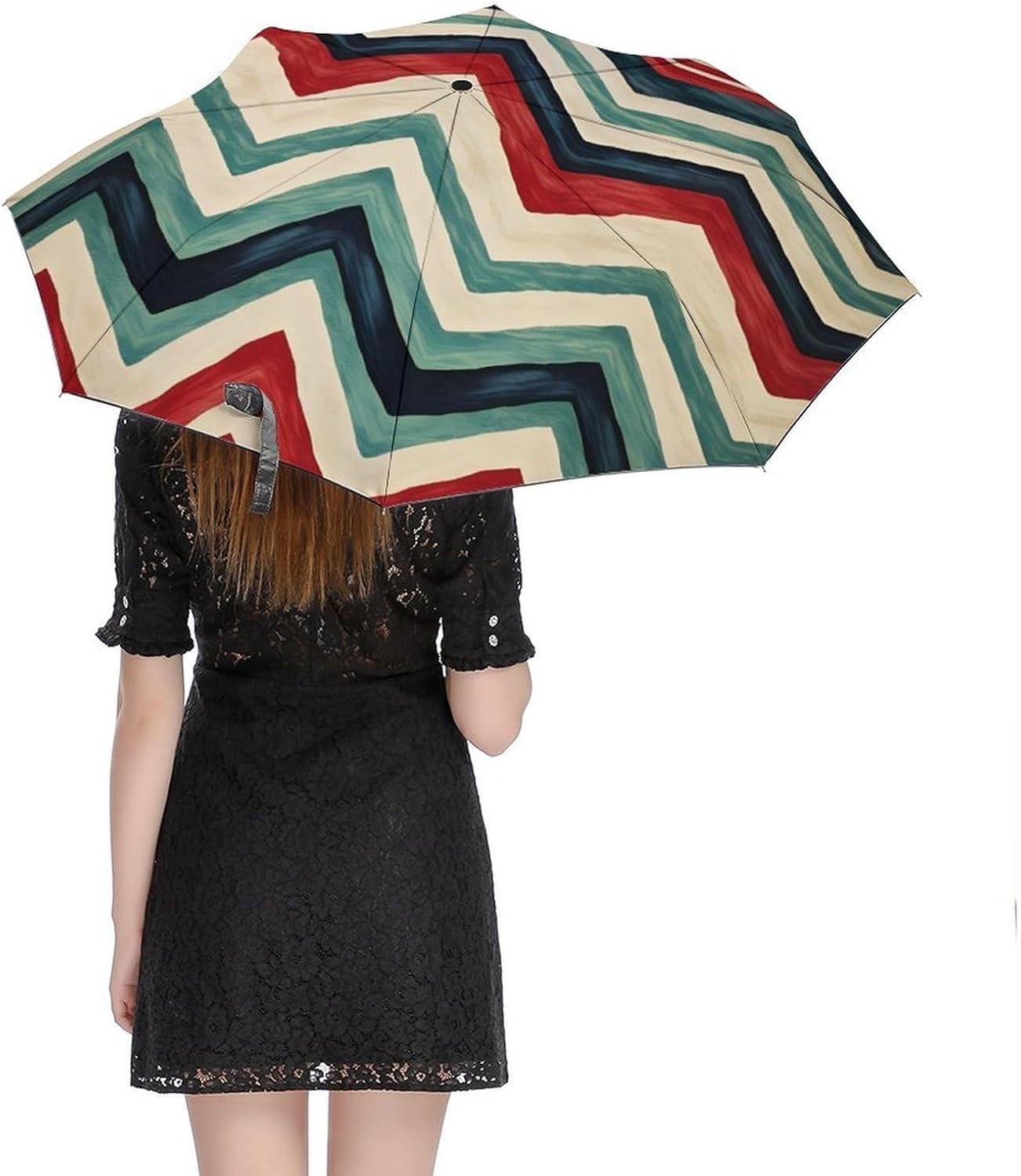 Vintage Striped Auto Open Close Umbrella 3-Fold Design for Rain Sun Protection Ethnic Abstract Windproof Compact Umbrella for Walking Travel Lightweight