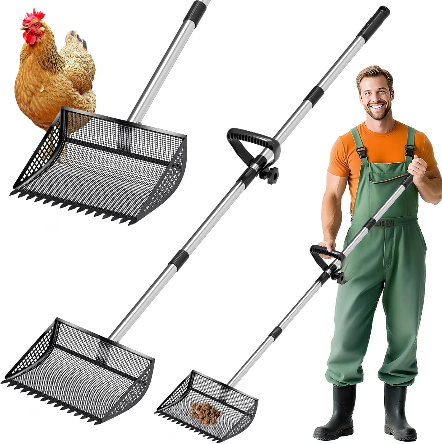 Rastrillo para excrementos de pollo, cabeza de pala de acero inoxidable 2 en 1,304, pala de arena con asa para gallinero para arena, limpieza de residuos de mascotas, pala para tamizar arena (35 a 65