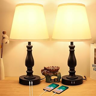 Touch Table Lamp Set of 2, 3 Way Dimmable Bedside Lamp with USB Port, 20 inch Farmhouse Fabric Accent Nightstand Lamp for Bedroom Living Room, Bulb Free, Black