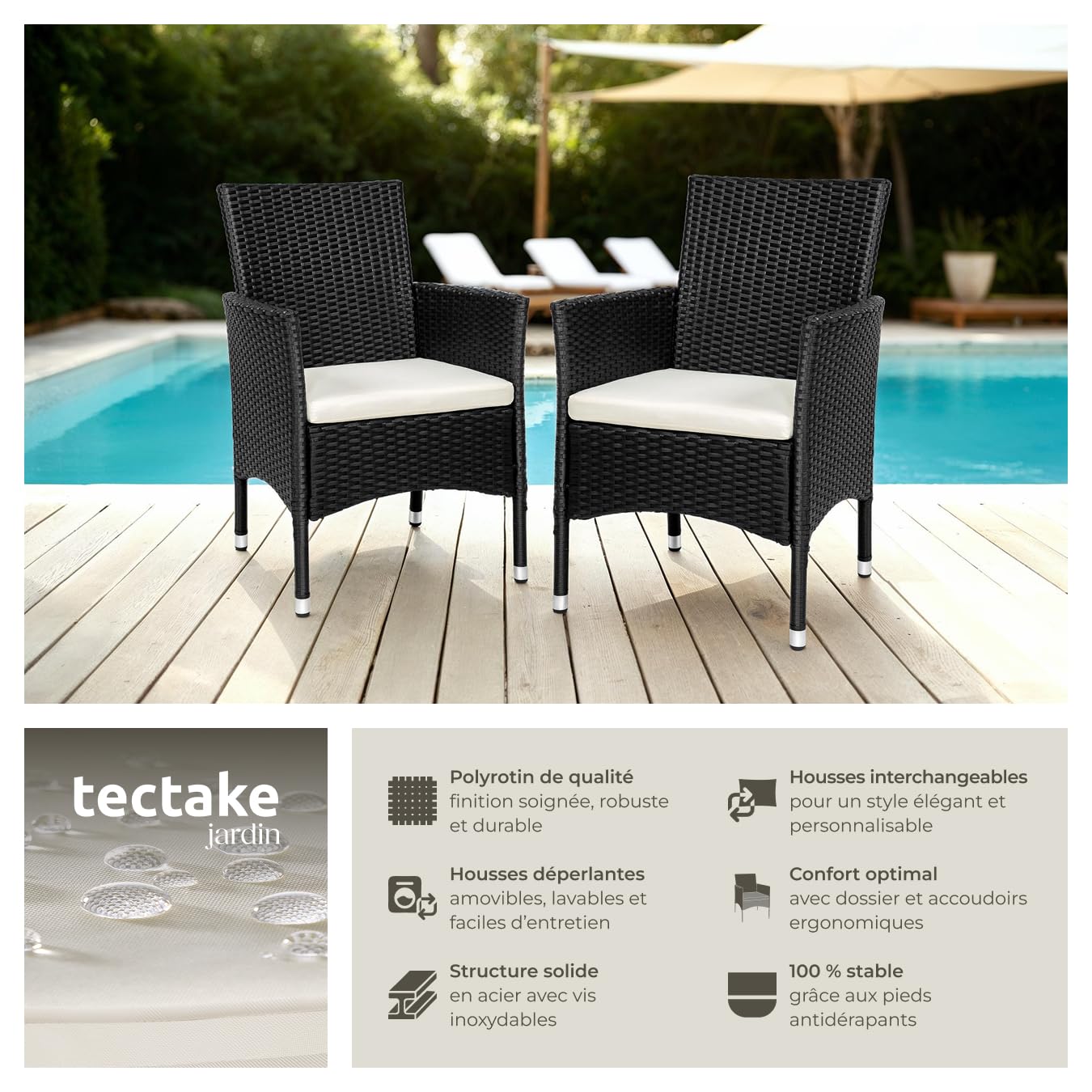 tectake® Ensemble de 2 Fauteuils Confortables avec Accoudoirs pour Salon de Jardin Exterieur ou Intérieur en Poly Rotin, 2 Sets de Housses & Coussins Inclus, Mobilier de Jardin