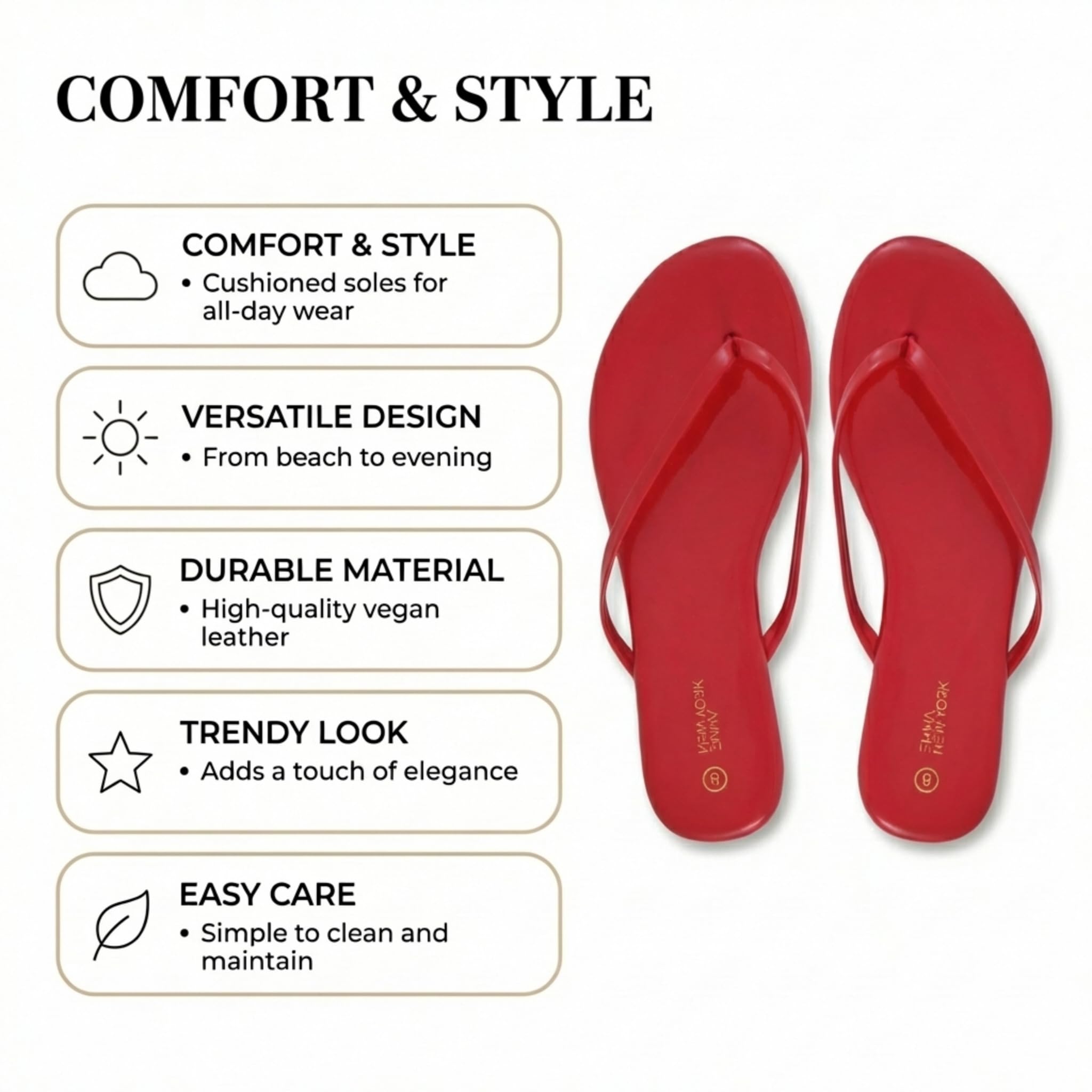 EMMA NEW YORK Flat Sandals for Women, Thong Flip Flops for Women, Cushioned Footbed, Slim Strap (Red Patent, 9)