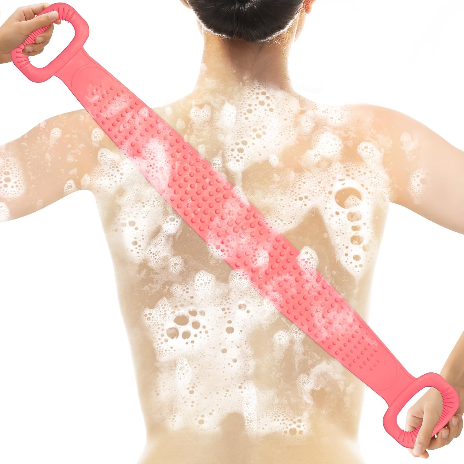 Silicone Body Scrubber, Pink, 30 Inches Extra Long, Double-Sided Exfoliating Bath Strap with Massage Bumps and Fine Bristles, Back Scrubber for Shower