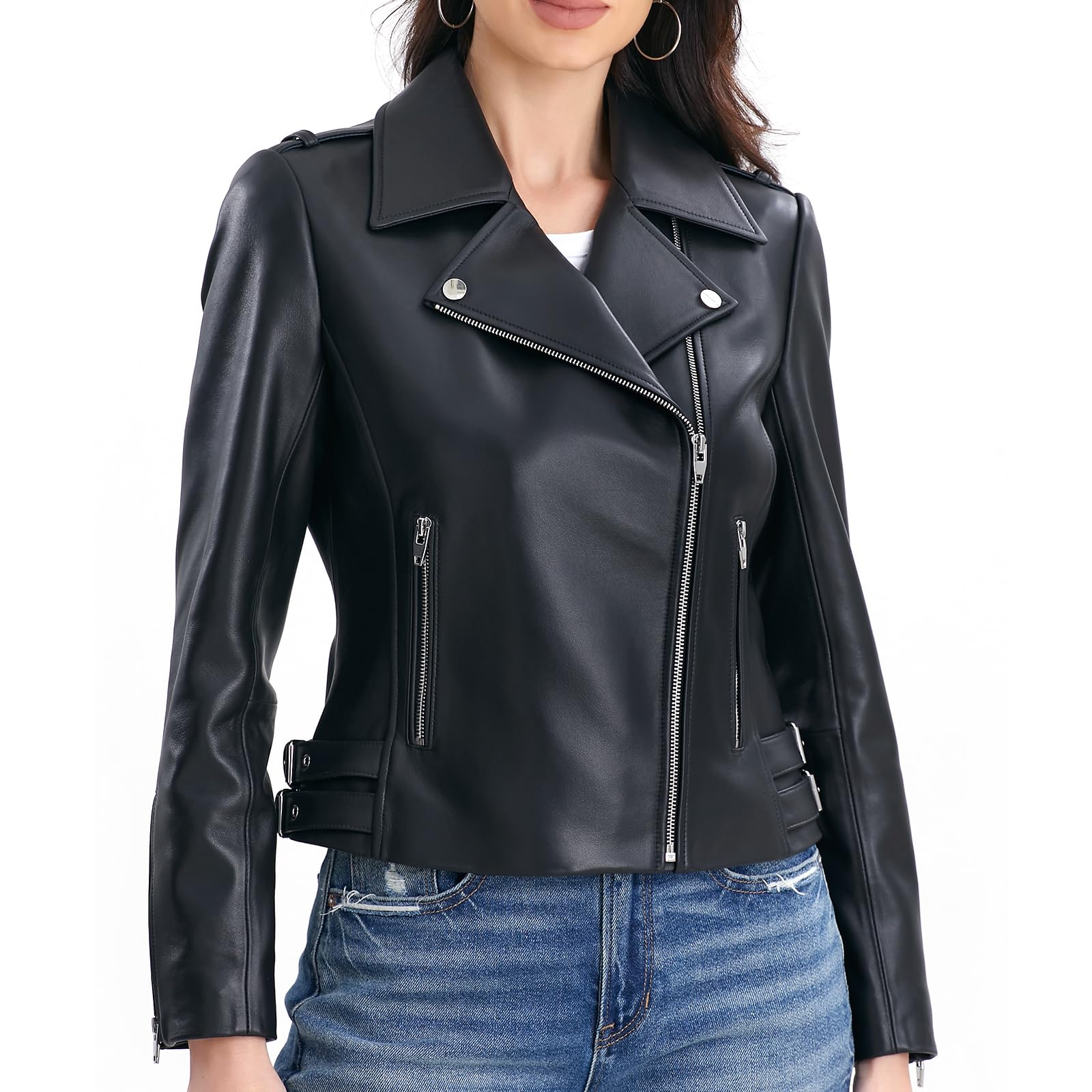 Lambskin Leather Jacket Women,Motorcycle Jacket,Asymmetrical Zip Style,Buckle Belts,Quilted Details Small Black